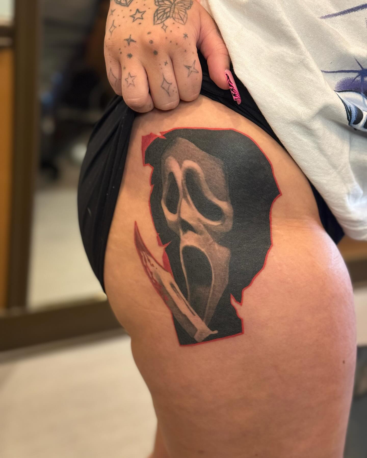 Mask dark realism tattoo on the thigh by 🦇💀Matt Perlman💀🦇