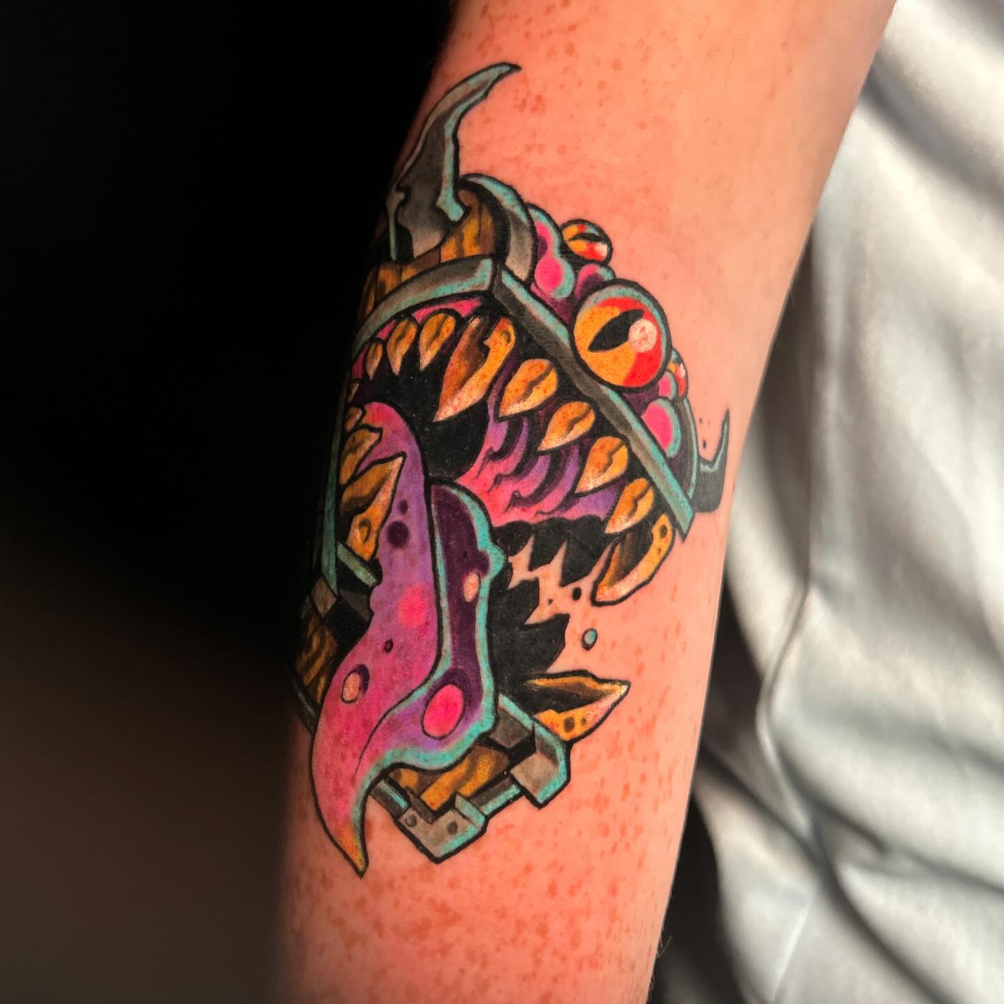 Mech head geometric tattoo on the forearm by Rat Girl, Dayton, Ohio