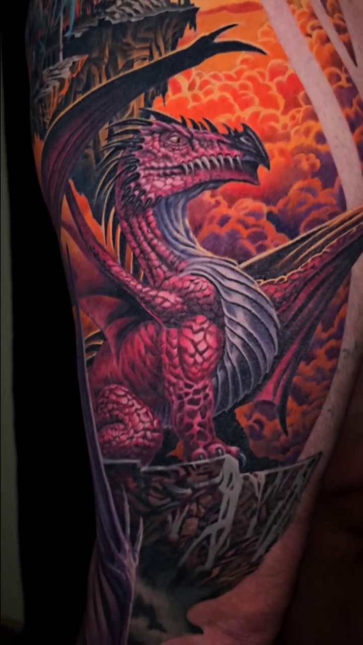Dragon and castle realism tattoo by Walt Watts, Salt Lake City, Utah