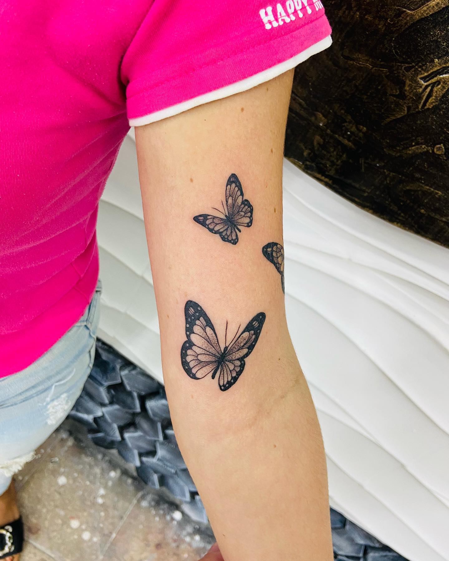 Butterflies black and grey tattoo on the forearm by Aldocasales@tatto