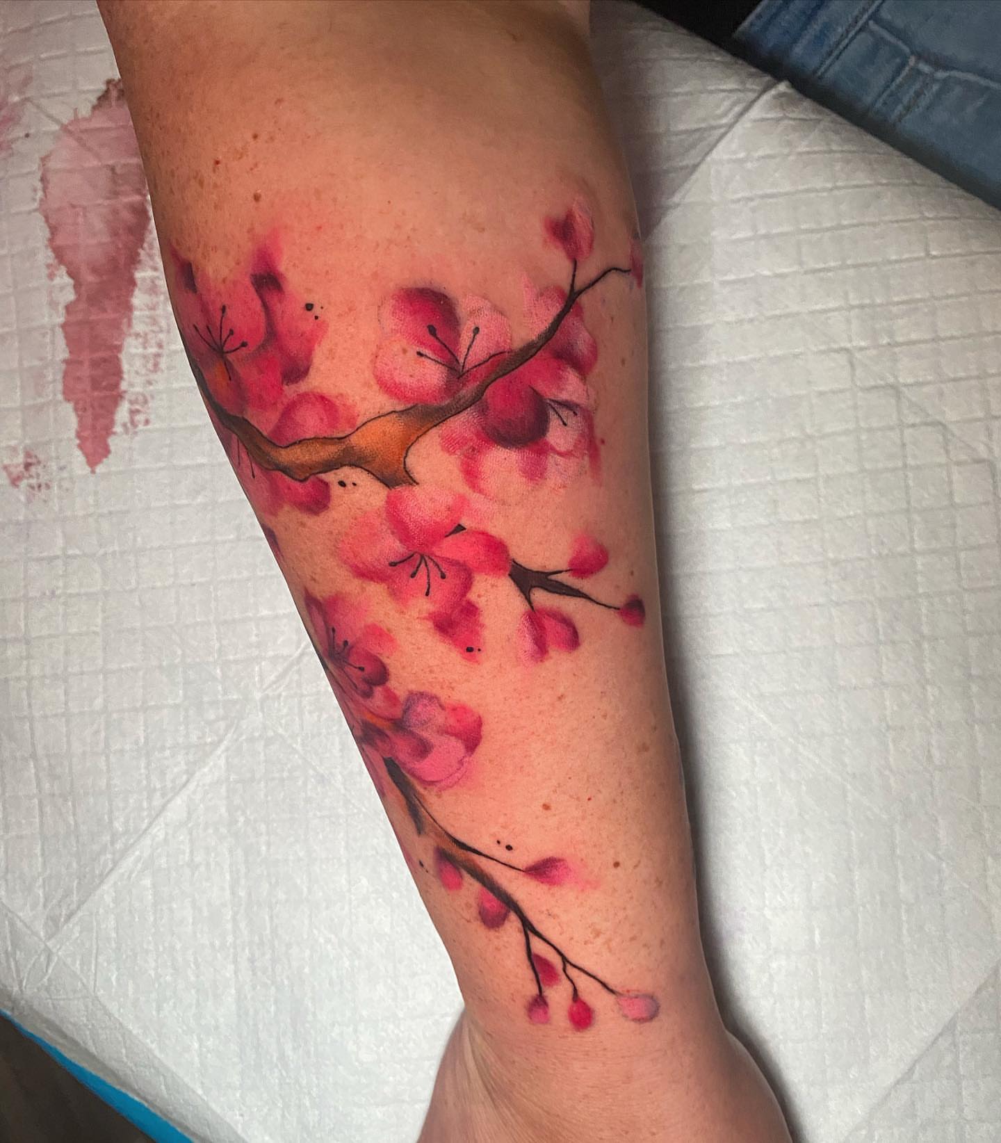 Cherry blossoms watercolor tattoo on the forearm by Tattertot
