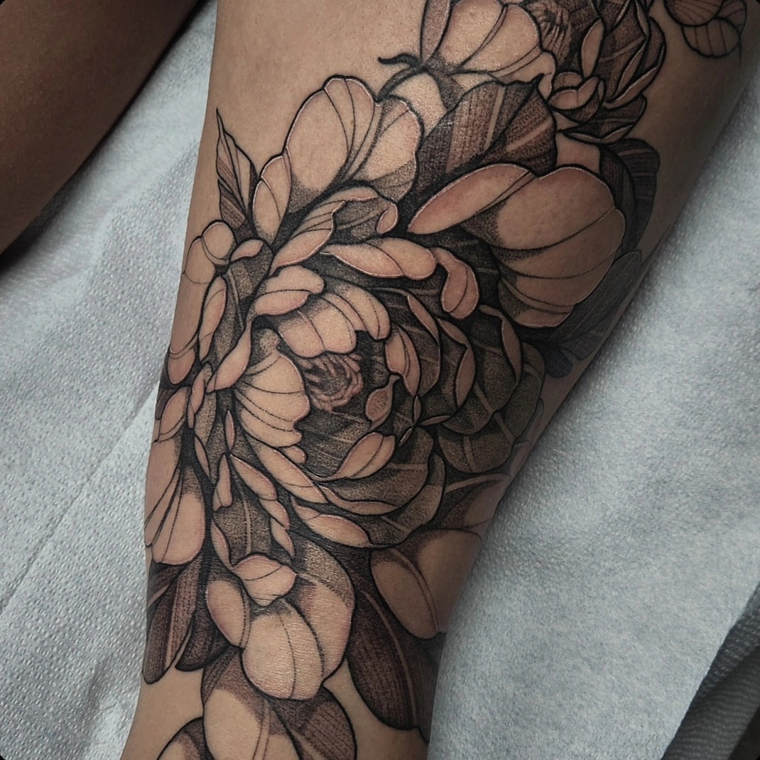 Peony dotwork tattoo on the forearm by Kyle Joseph [tattoo artist]