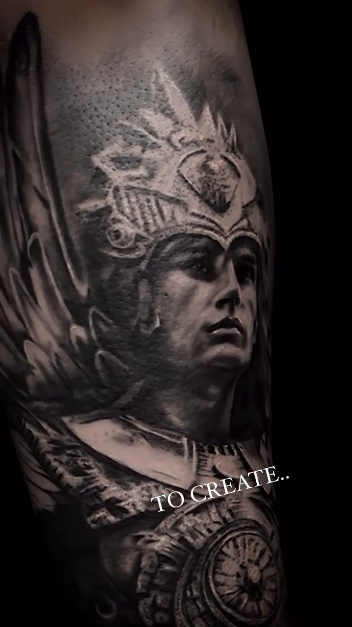 Winged warrior portrait realism tattoo by Kelsea Lake Schack