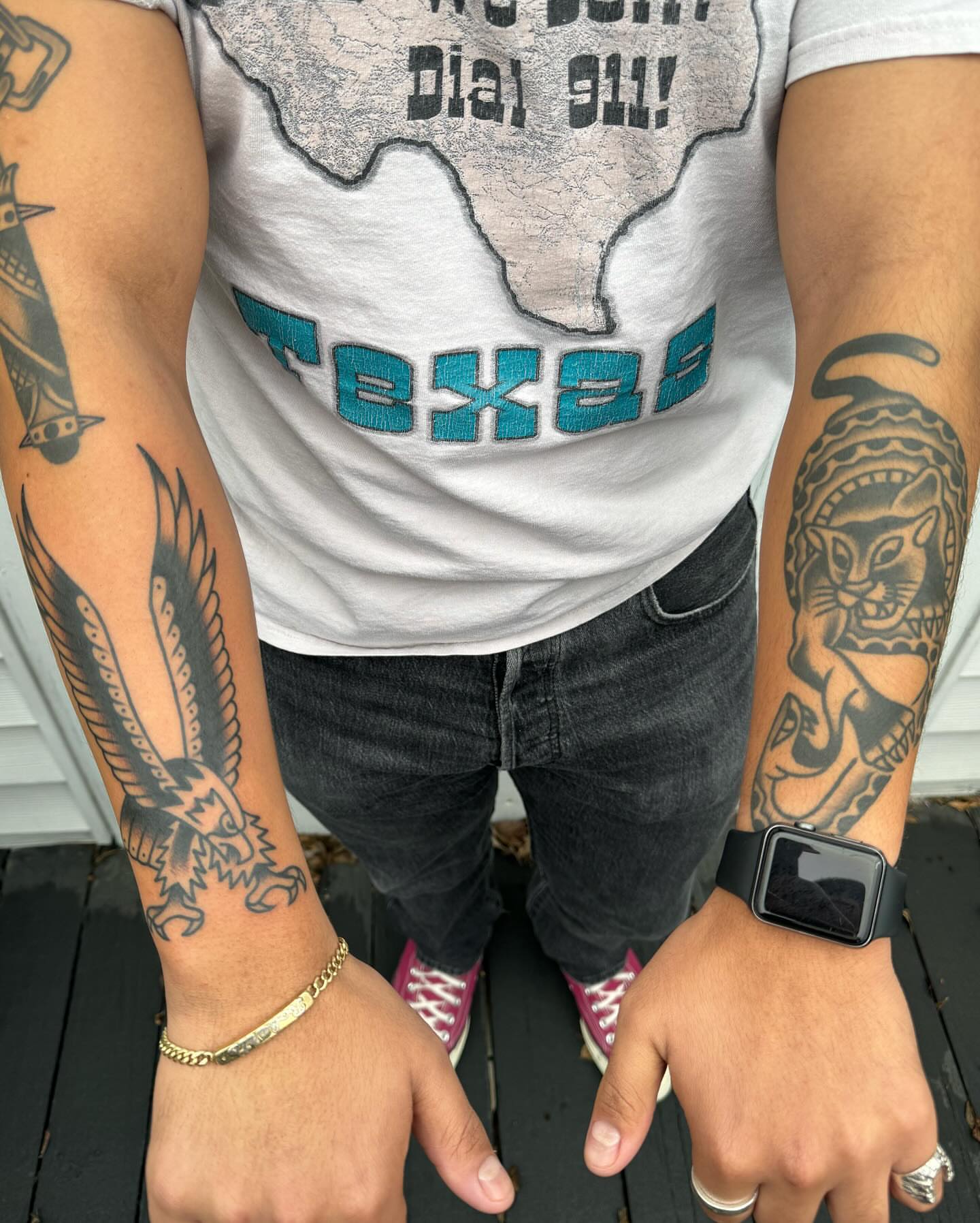 Eagle American traditional tattoo on the forearm by James Shepherd, Austin, Texas