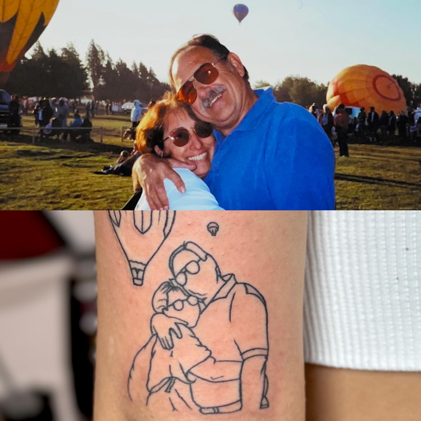 Couple hugging fine line tattoo on the forearm by Steve