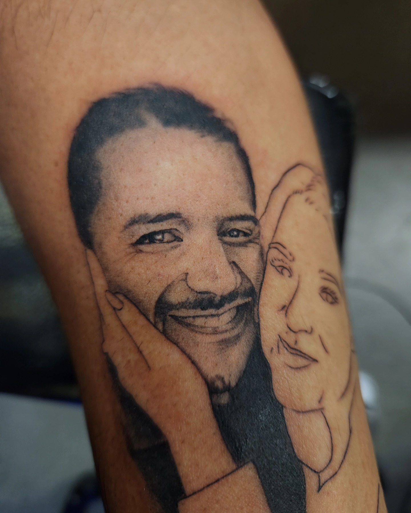Portrait realism tattoo on the forearm by Adrian Chavez