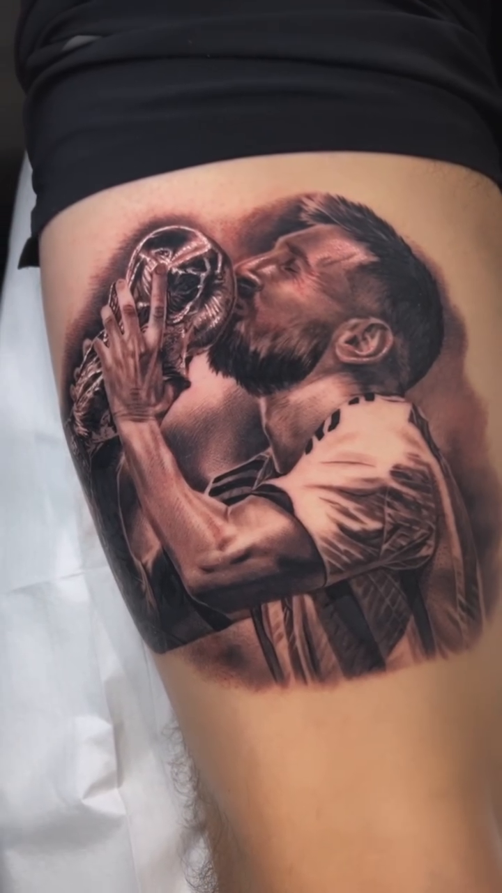 Lionel messi and world cup trophy realism tattoo by BJ