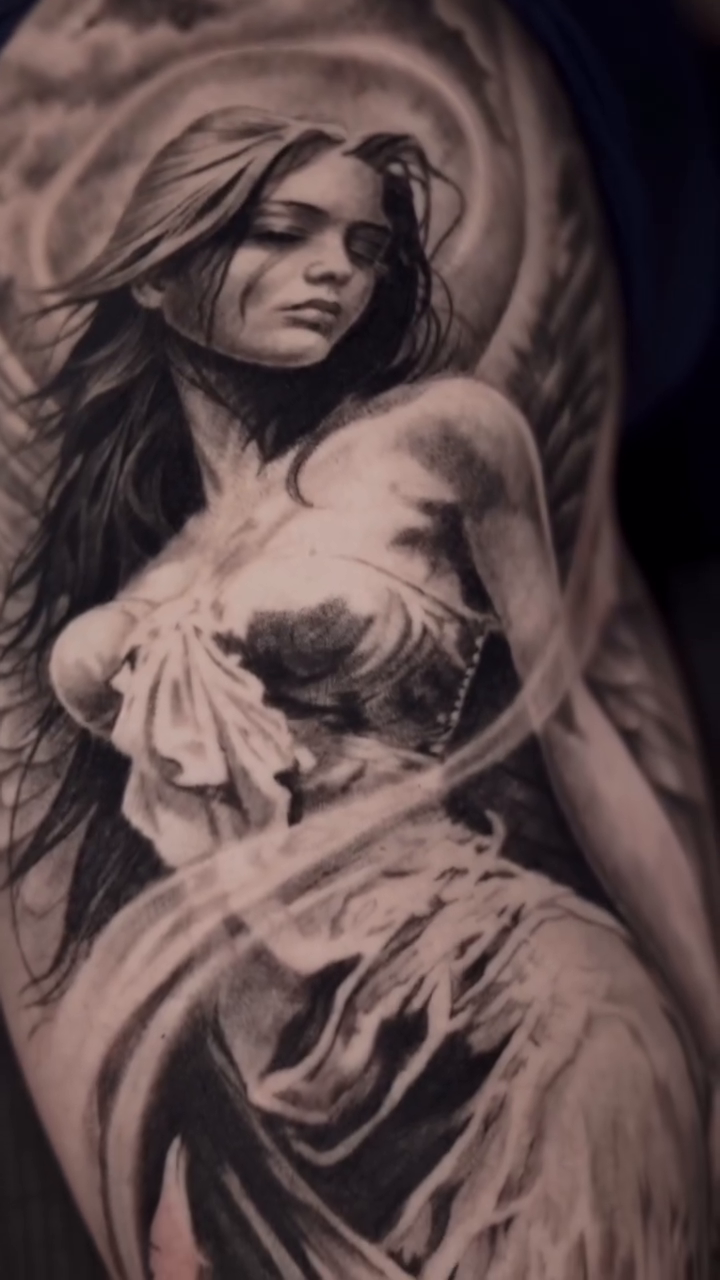 Woman and raven realism tattoo by Jesus Alonso
