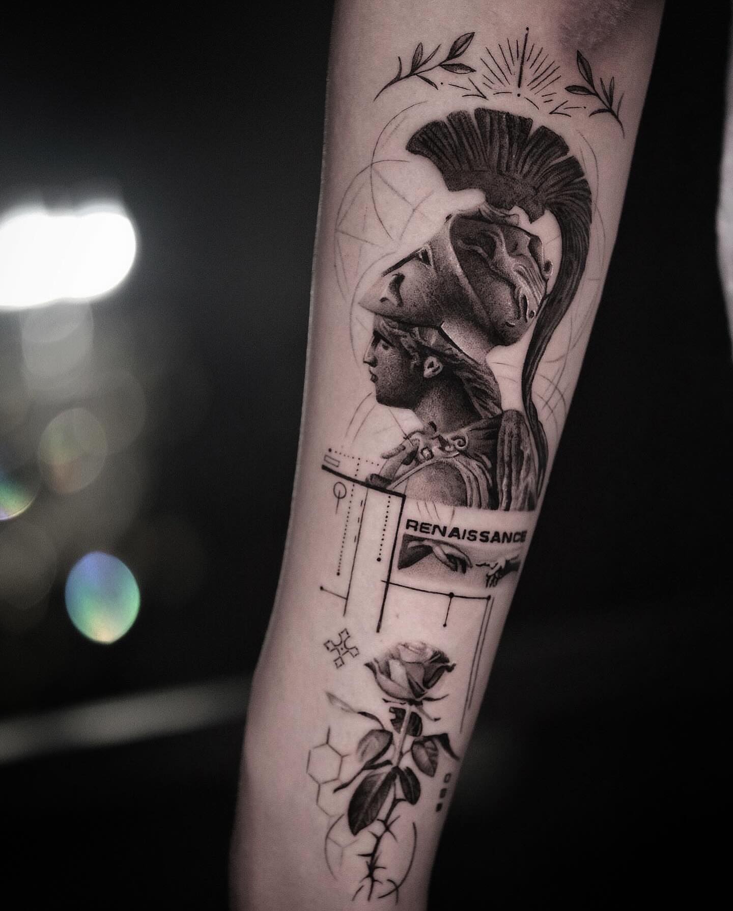Warrior profile realism tattoo on the forearm by Dopamine