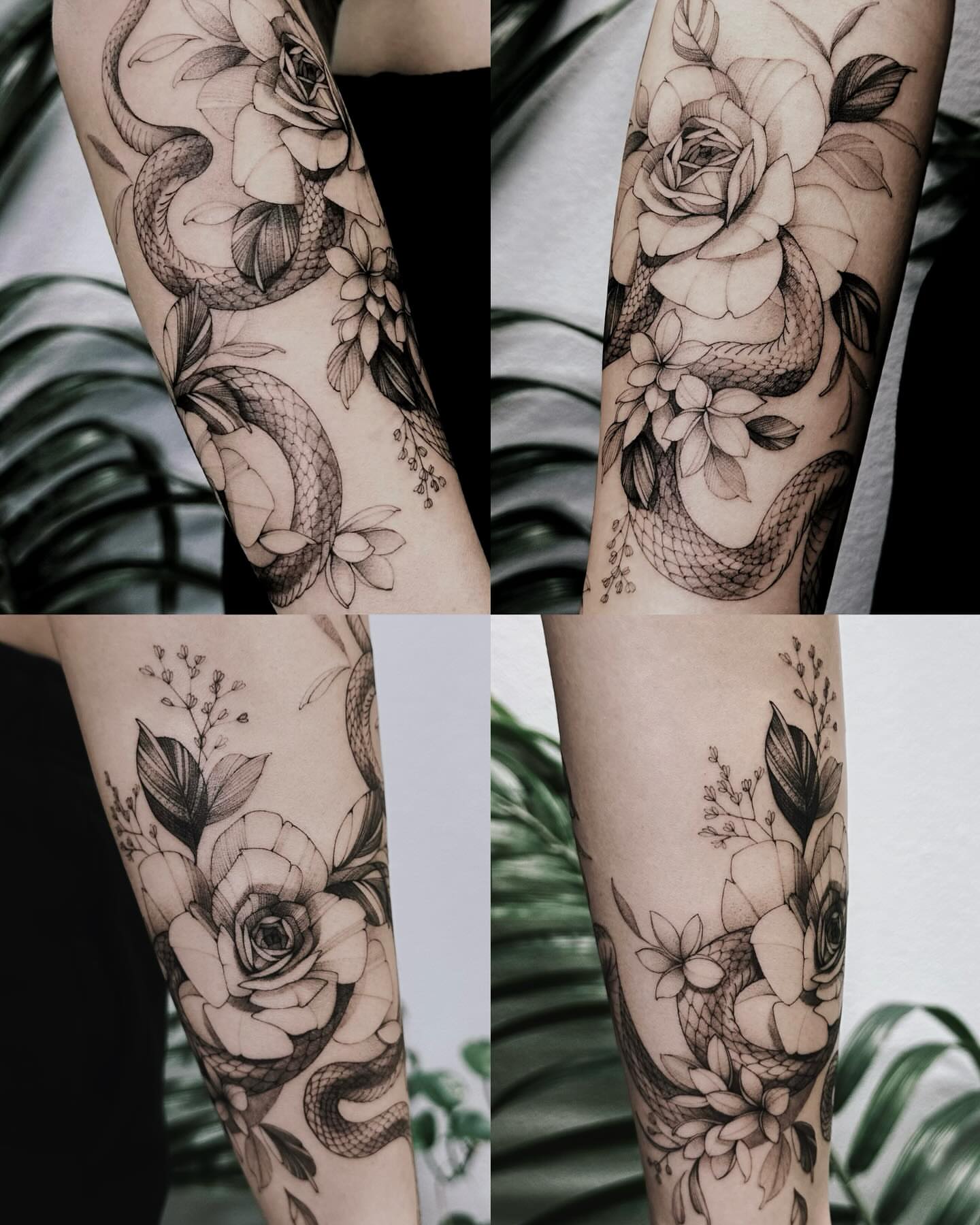 Snake and rose black and grey tattoo on the forearm by Angel