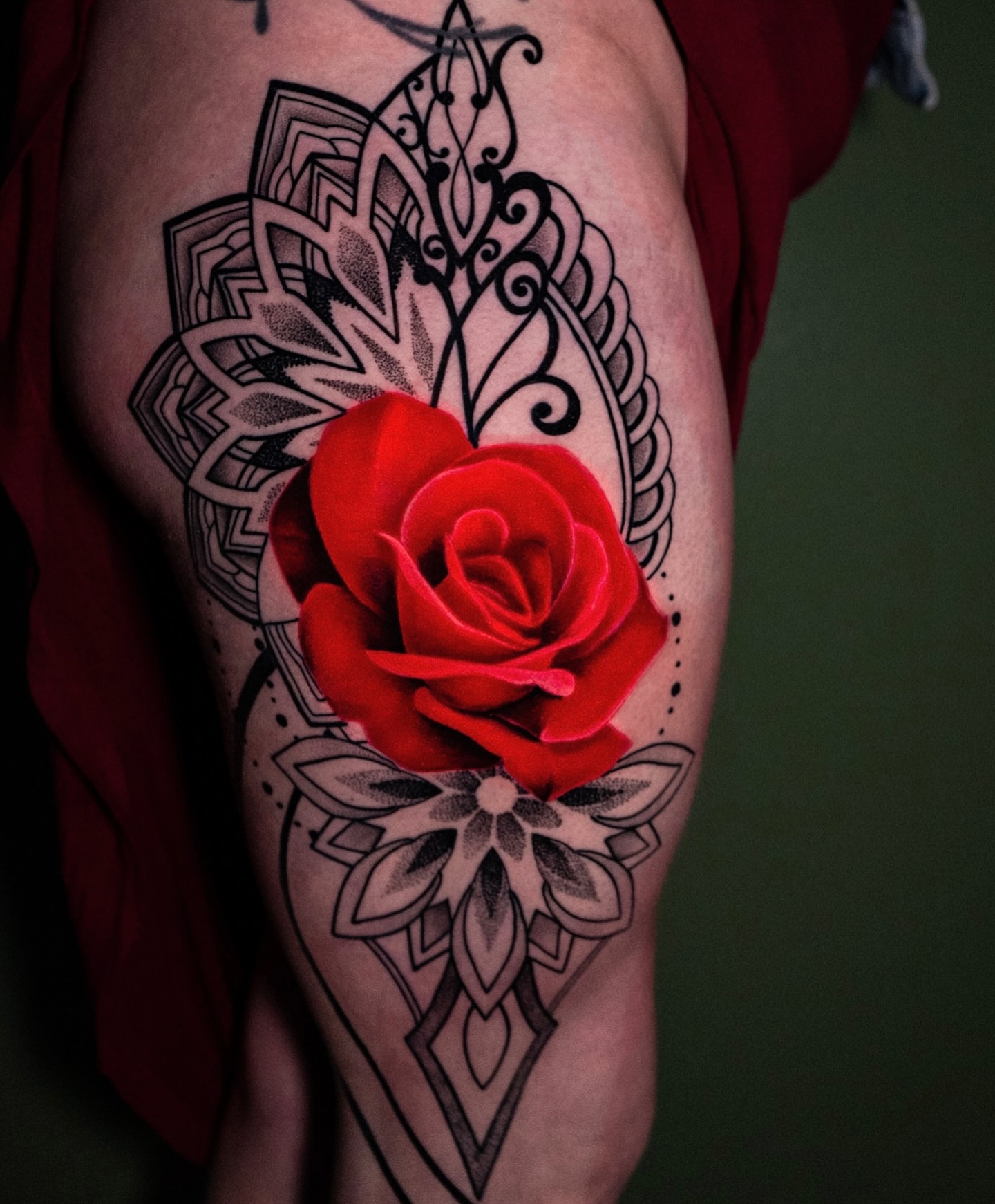 Red rose geometric tattoo on the forearm by all gas no brakes! no days off!