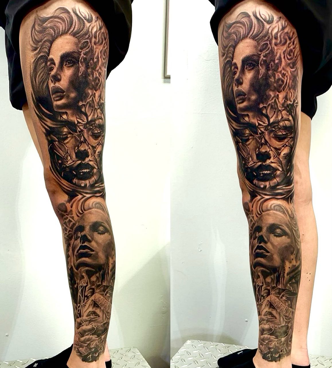 Female faces realism tattoo on the forearm by Tattoosbybeanz