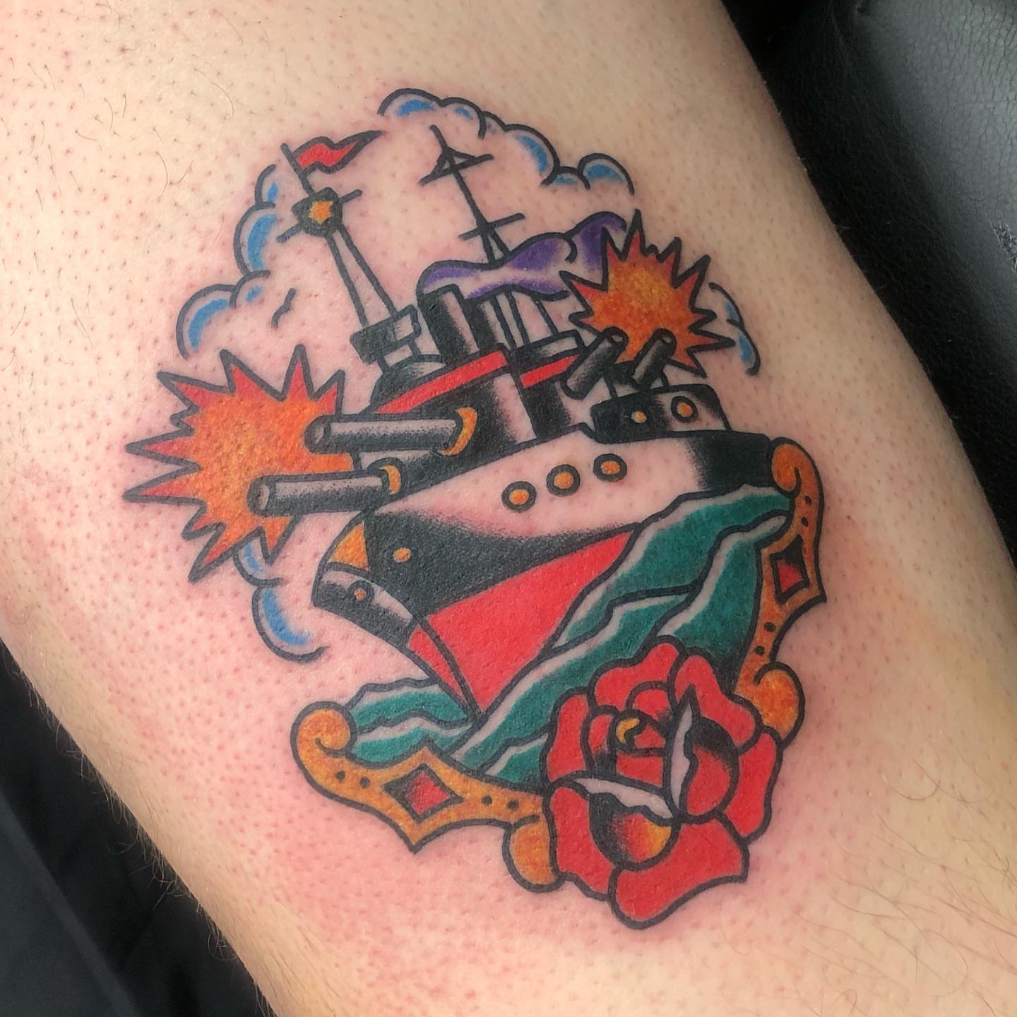 Submarine and rose American traditional tattoo on the thigh by Brent G