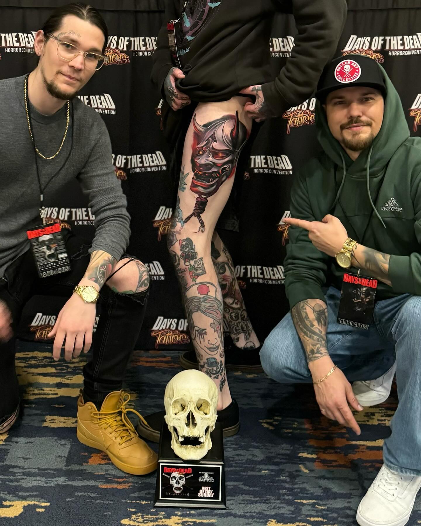 Skull dark realism tattoo on the leg by Zach Ashton