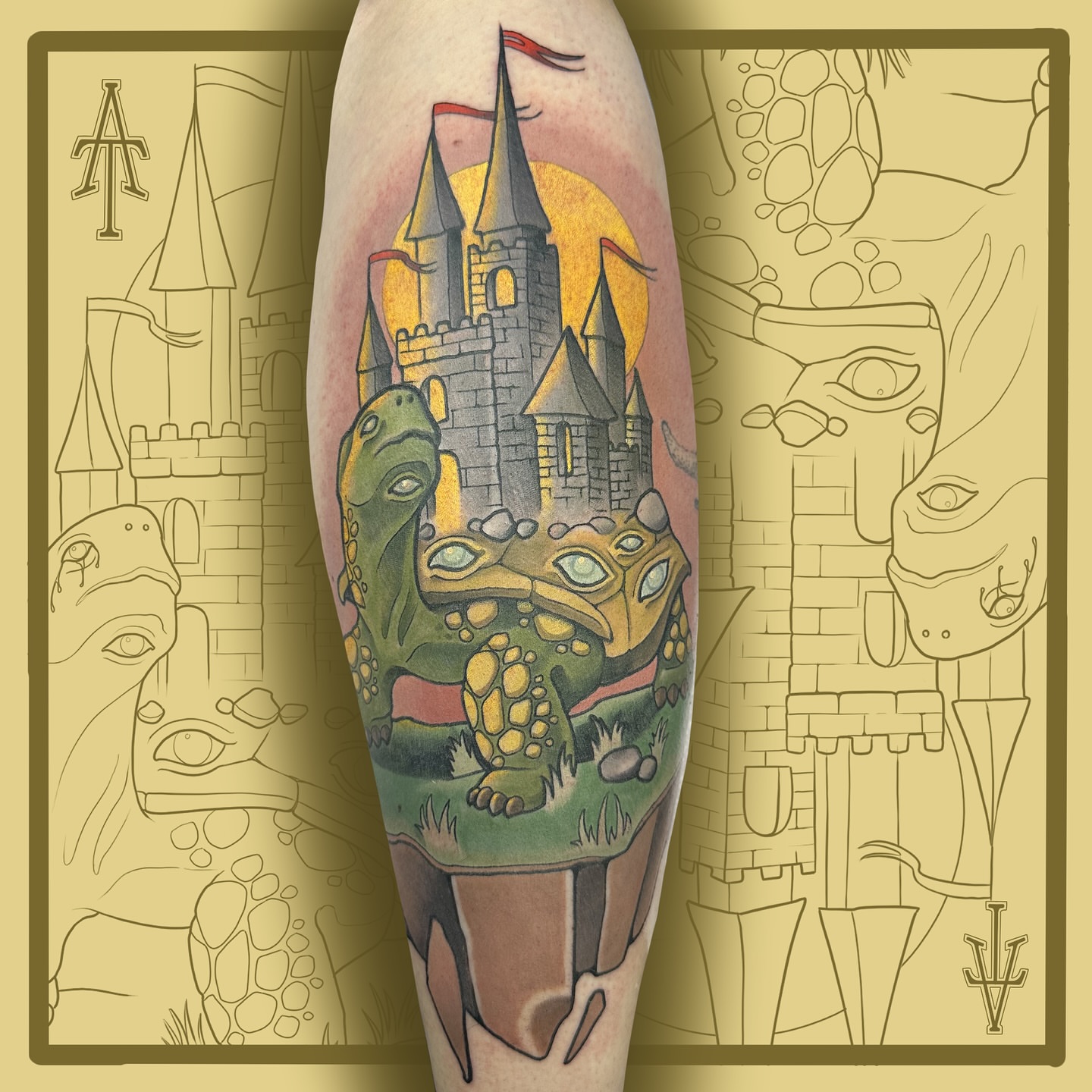 Castle and dragon American traditional tattoo on the forearm by Chris Dobransky