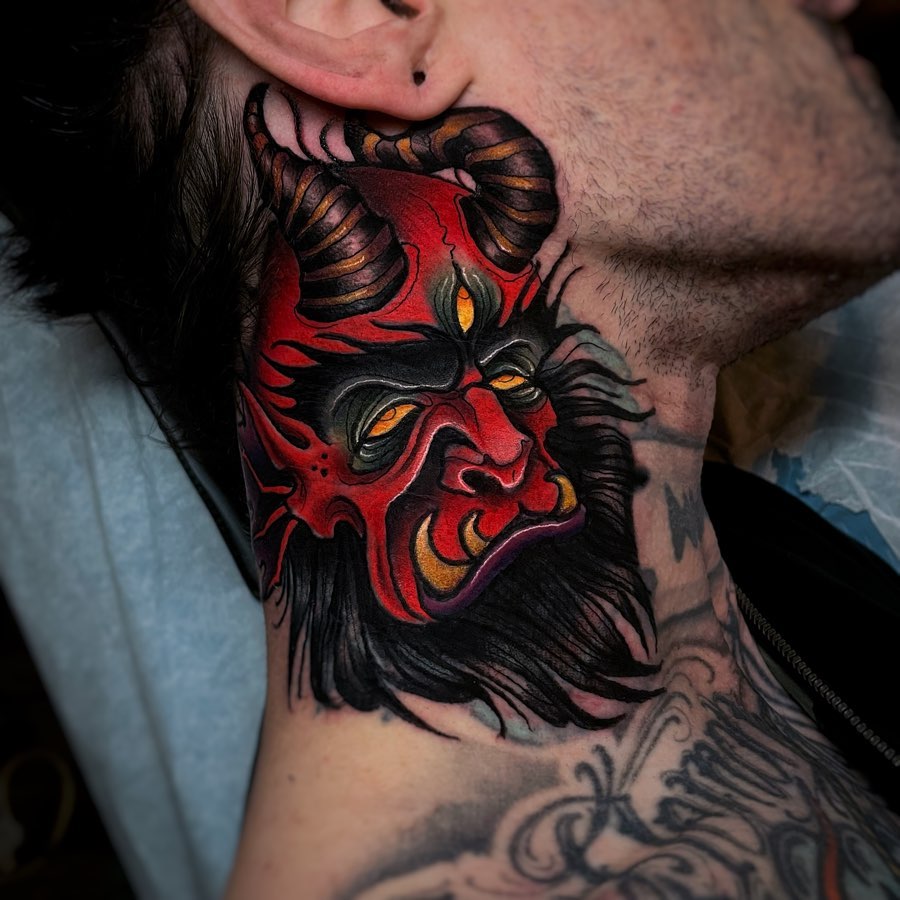 Demon mask dark realism tattoo on the neck by Ick Abrams