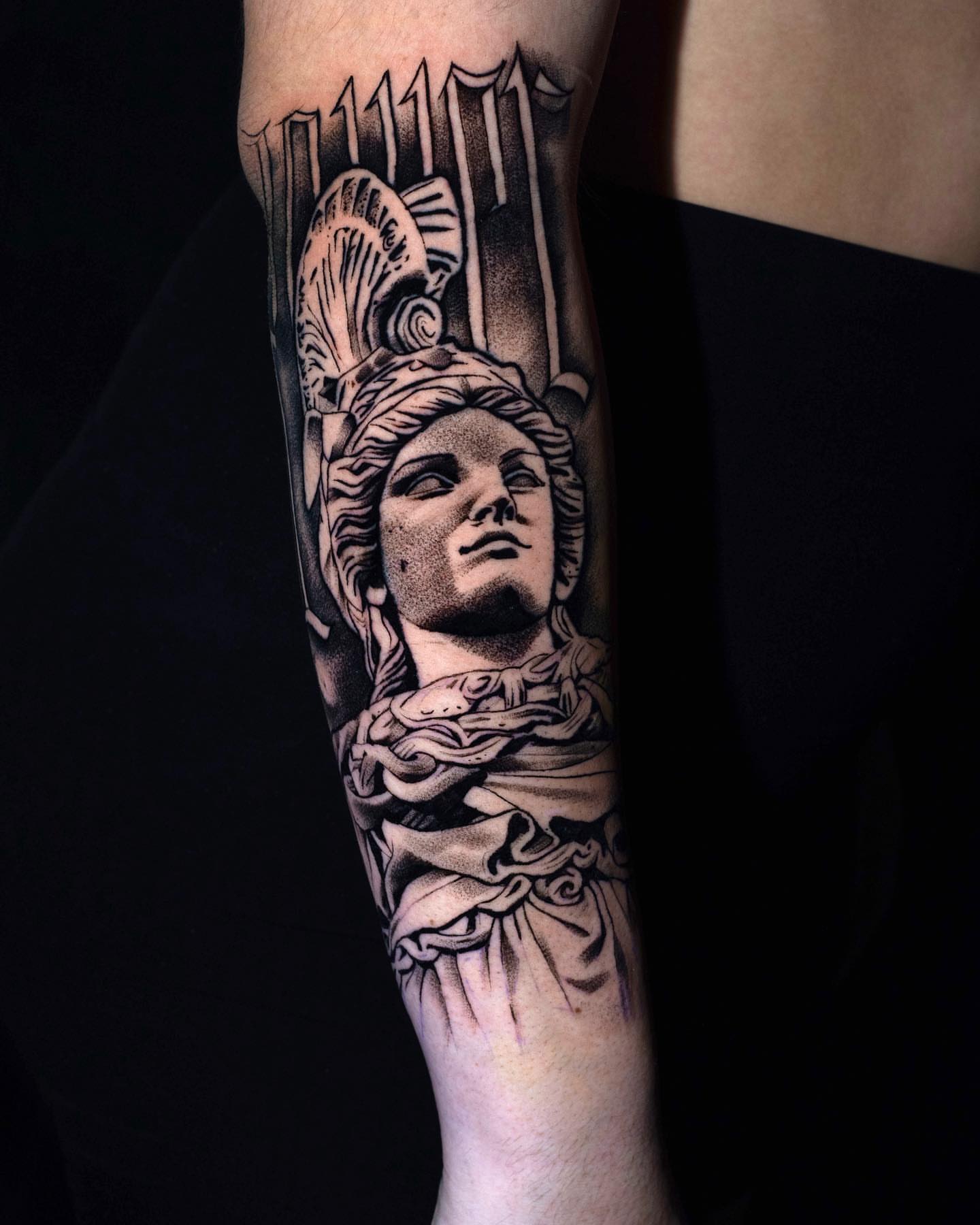Statue dotwork tattoo on the forearm by Javier Ramos