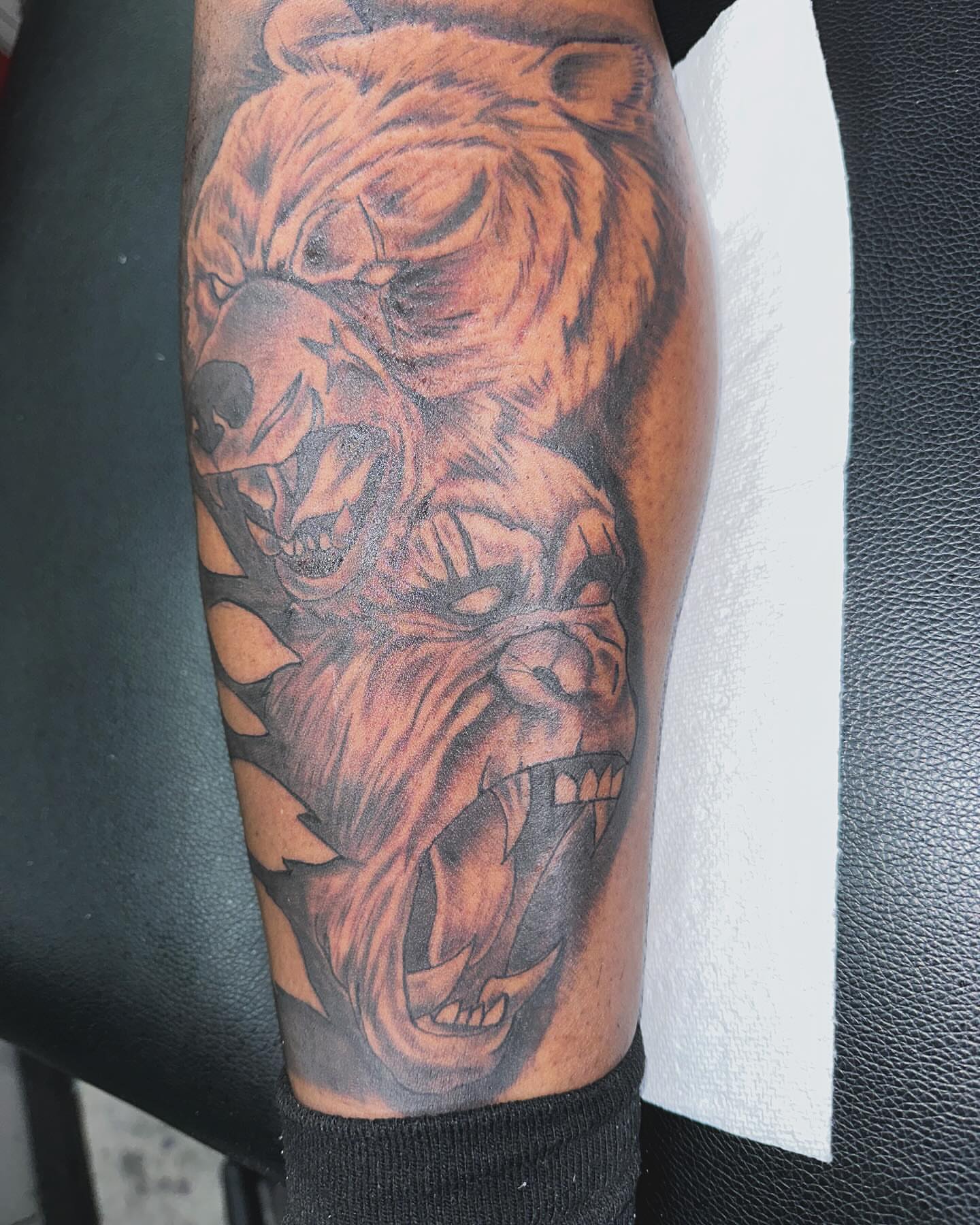 Bear realism tattoo on the forearm by Mr. Tatt2Junkiee 💉🧟