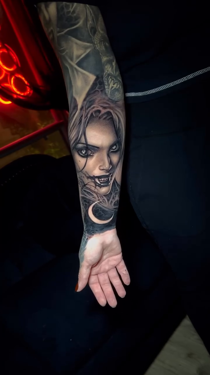 Woman with crescent moon dark realism tattoo by Aaron Moonan🩸Tattoo Artist NY