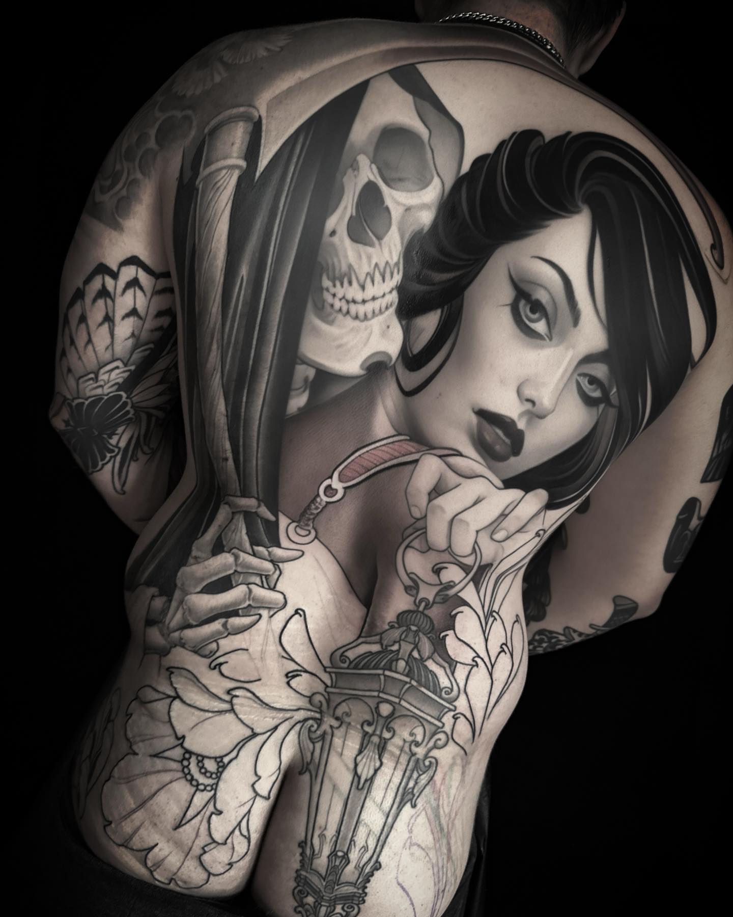Woman with sword realism tattoo on the back by Jeff Norton, Atascadero, California
