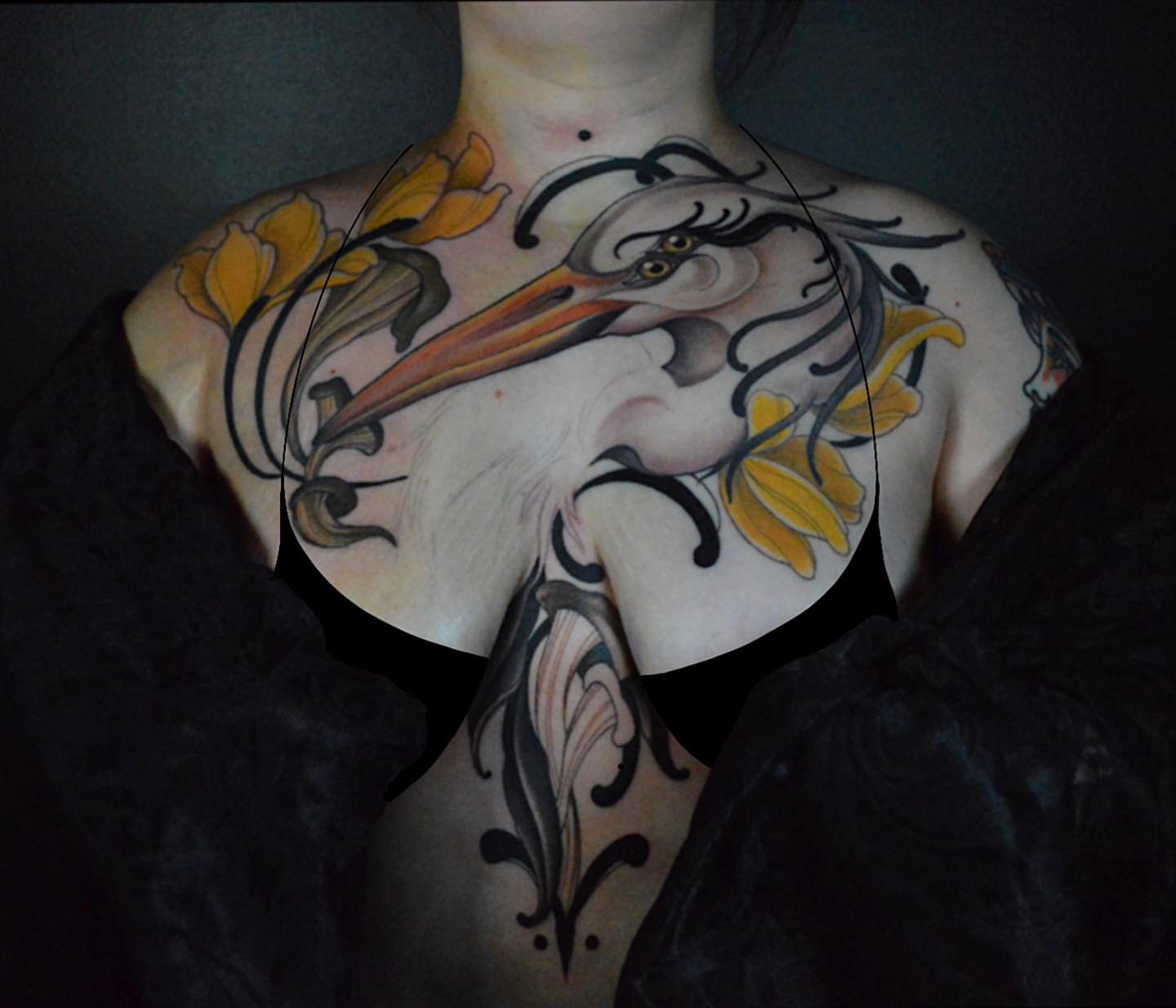 Heron and lilies American traditional tattoo on the chest by 𝒕𝒂𝒕𝒕𝒐𝒐𝒔 𝒃𝒚 𝔏𝔞𝔲𝔯𝔢𝔫 𝔐𝔬𝔫𝔣𝔬𝔯𝔱𝔢
