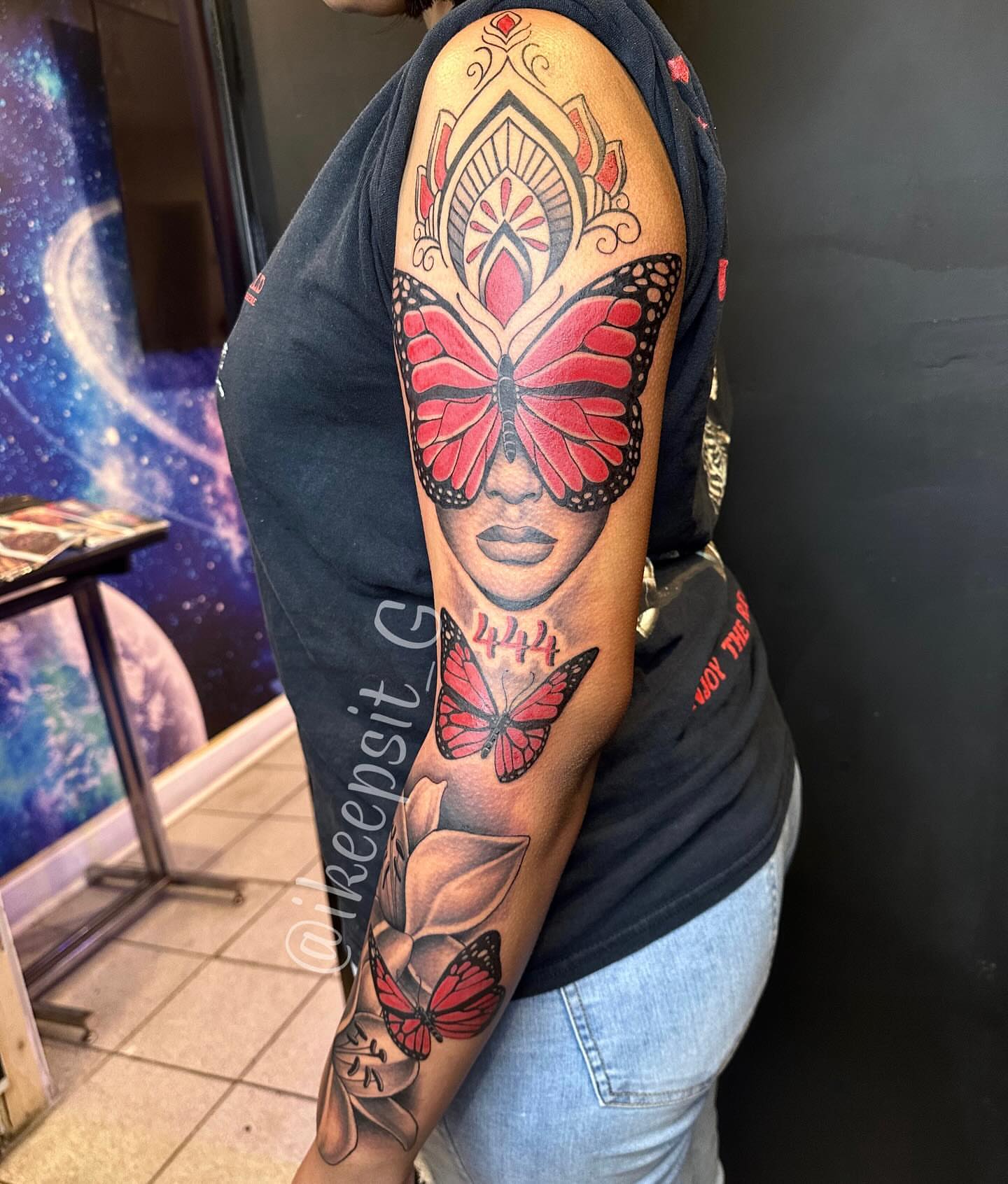 Butterfly and woman's face neo-traditional tattoo on the forearm by Prolific🏁so Gifted