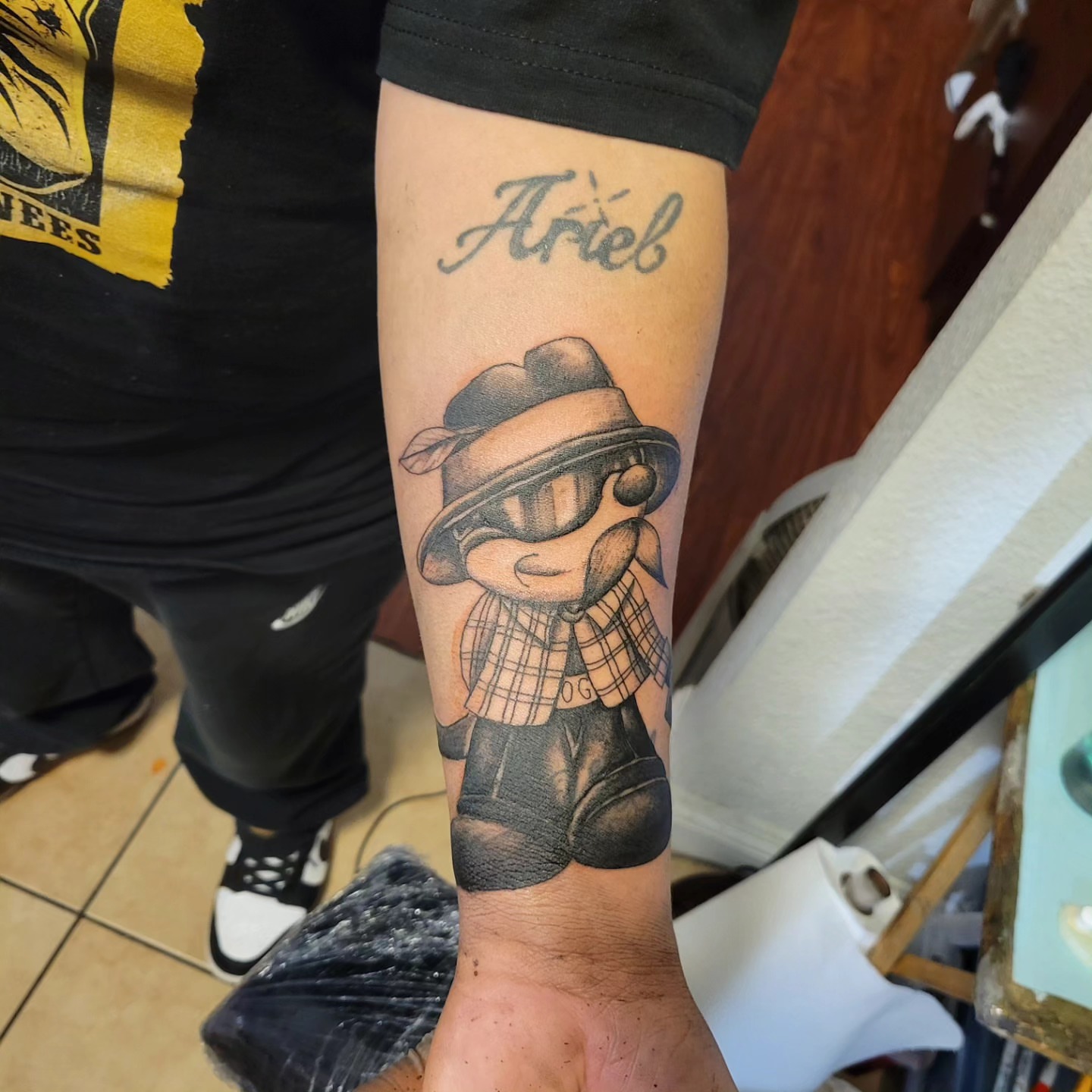 Popeye black and grey tattoo on the forearm by Markus Hicks
