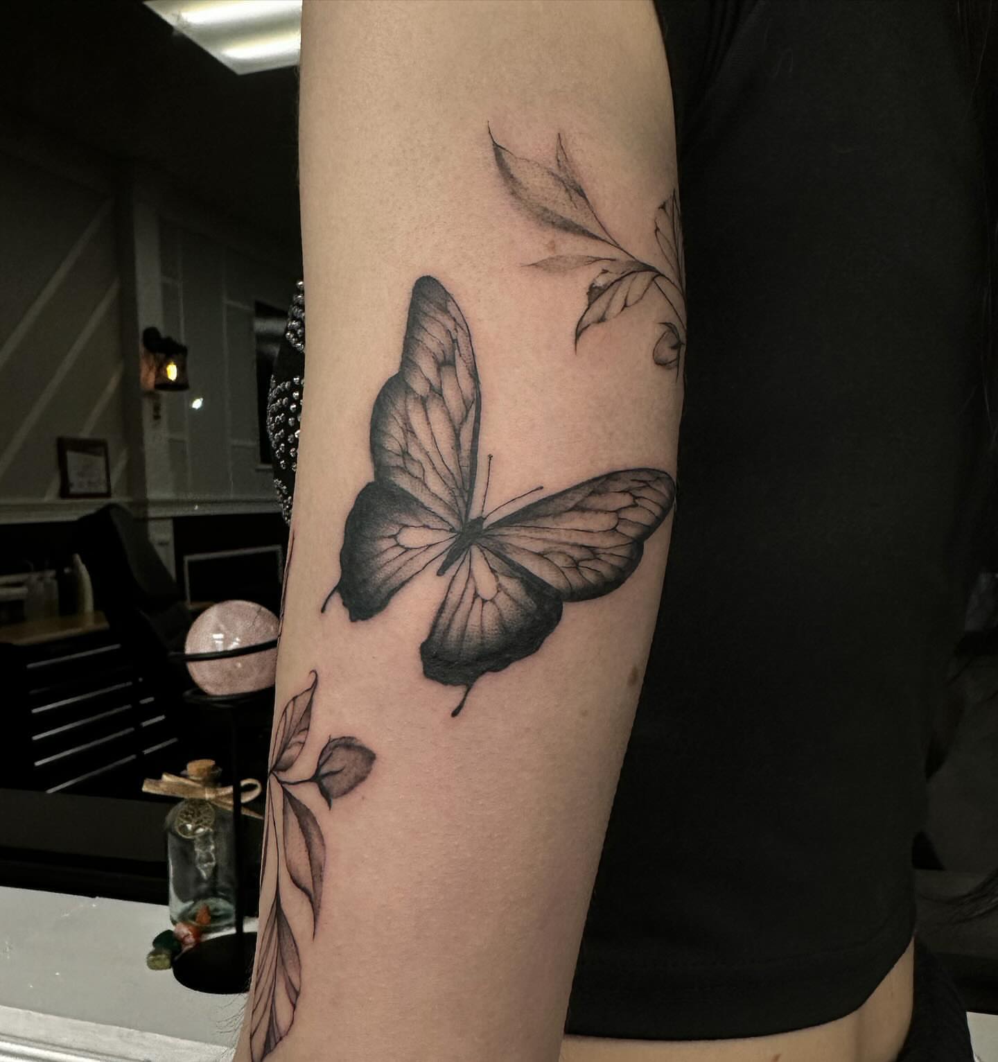 Butterfly realism tattoo on the forearm by chloe🗡️🖤🦇🩸