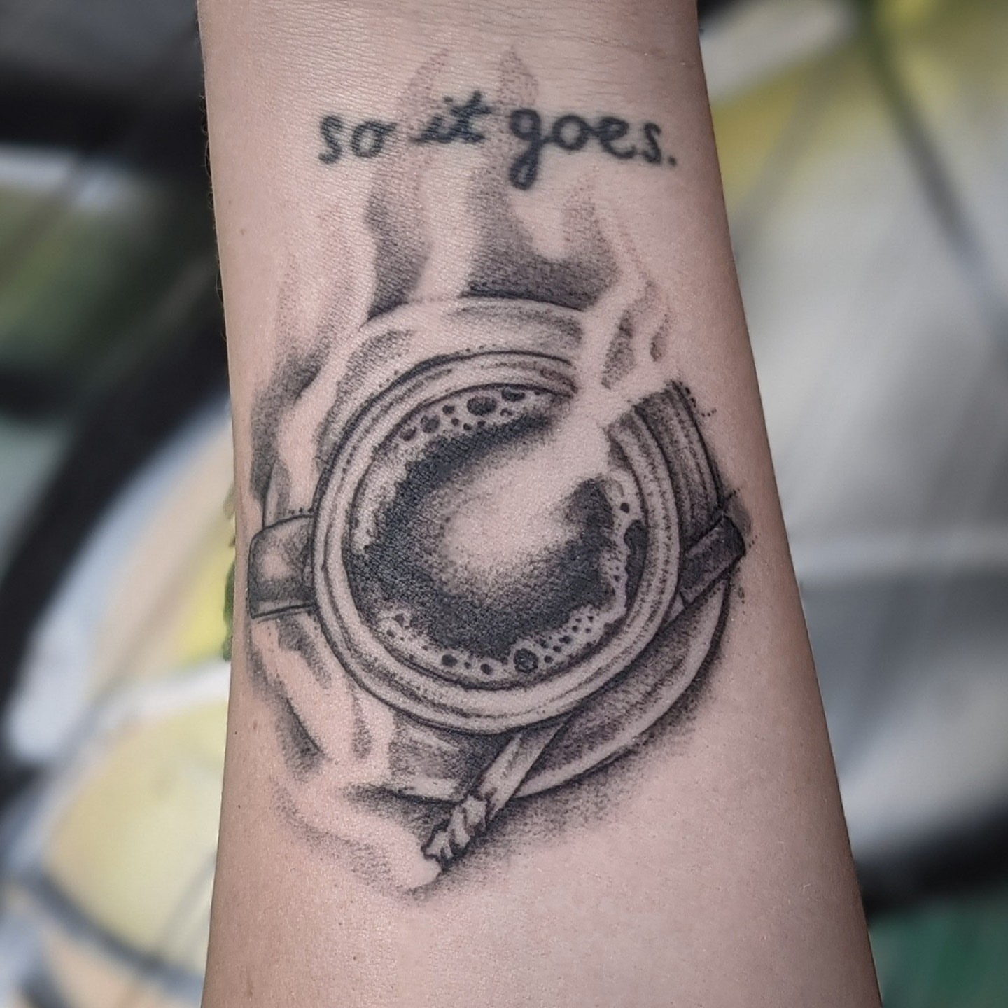 Space helmet dotwork tattoo on the forearm by Gail Howard Perry III