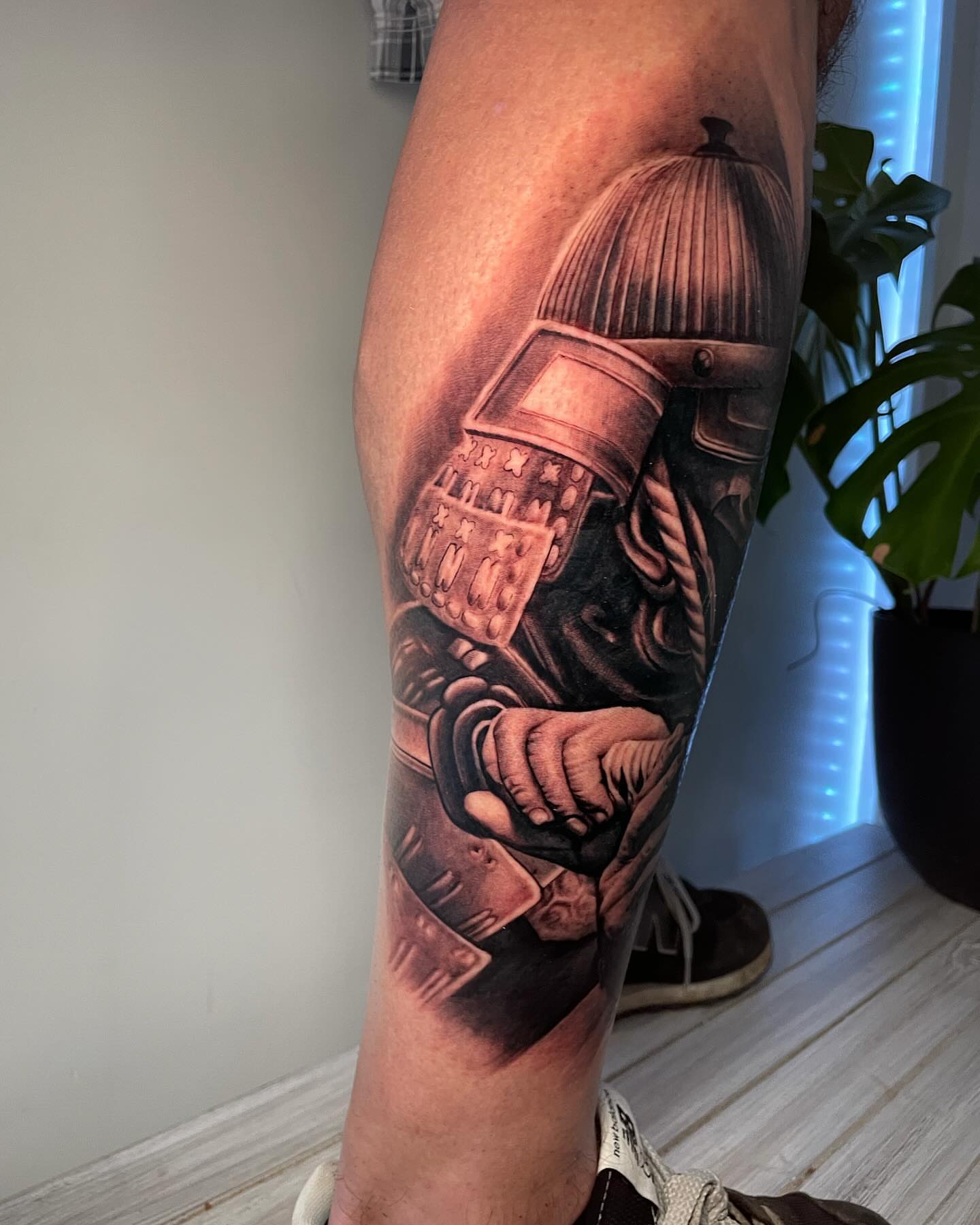 Mechanical suit realism tattoo on the forearm by Justin Reid, San Jose, California