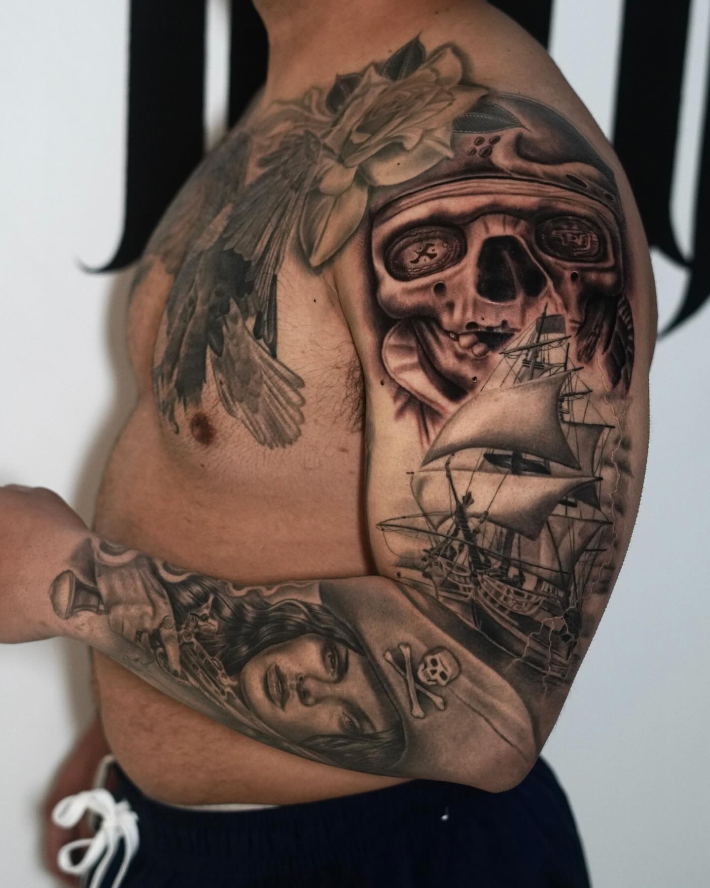 Pirate theme realism tattoo on the chest by Luis Peña