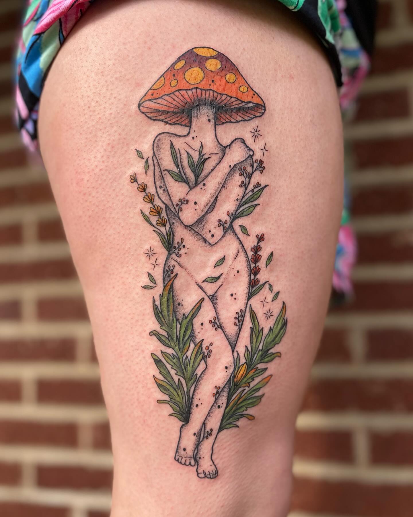 Mushroom and nude figure dotwork tattoo on the thigh by 𝕤𝕒𝕣𝕒𝕙 𝕞𝕠𝕣𝕒𝕟📌, Dayton, Ohio