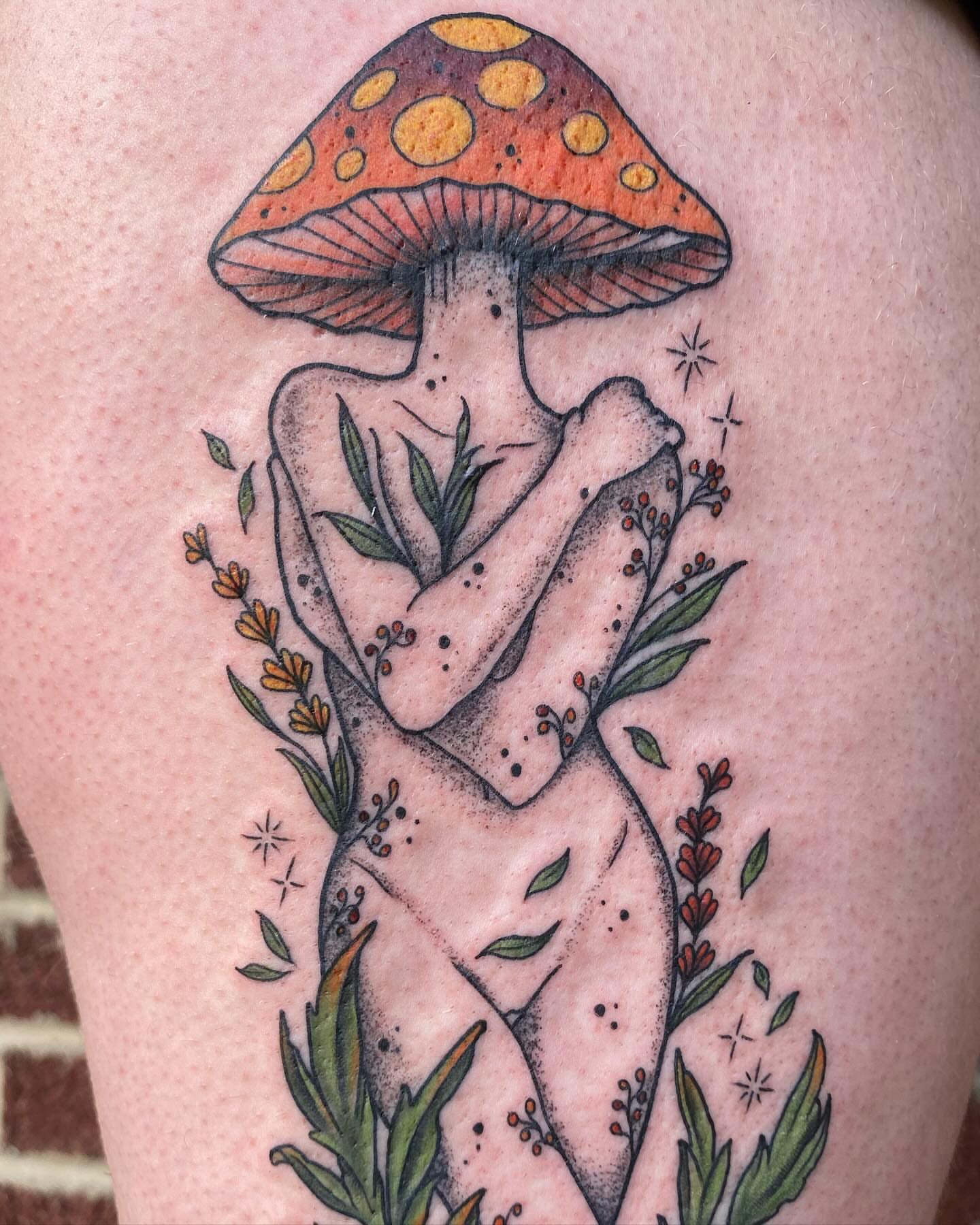 Mushroom woman dotwork tattoo on the thigh by 𝕤𝕒𝕣𝕒𝕙 𝕞𝕠𝕣𝕒𝕟📌, Dayton, Ohio