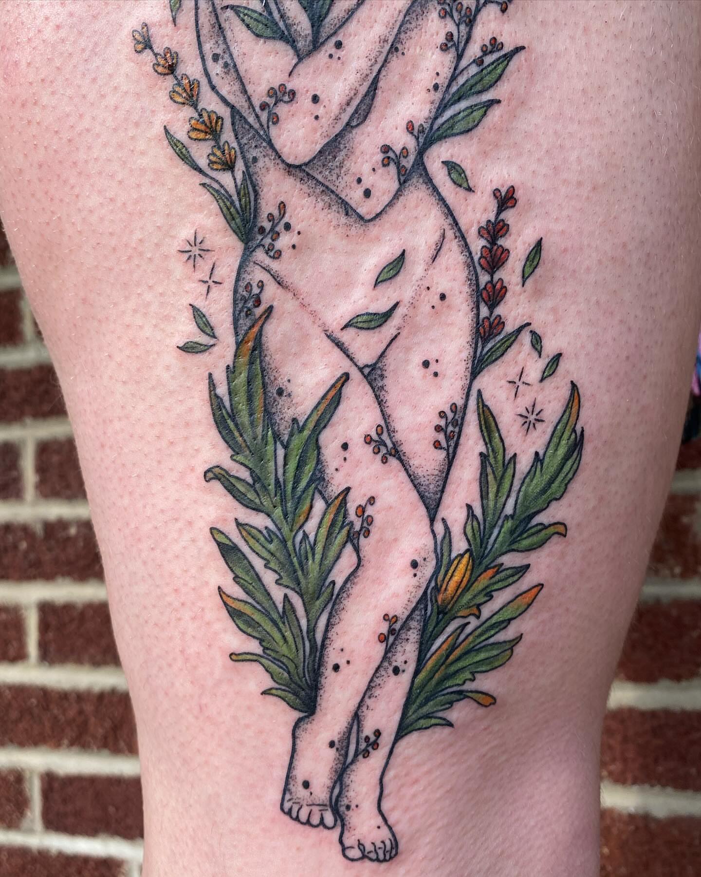 Nude figure with floral elements dotwork tattoo on the thigh by 𝕤𝕒𝕣𝕒𝕙 𝕞𝕠𝕣𝕒𝕟📌, Dayton, Ohio