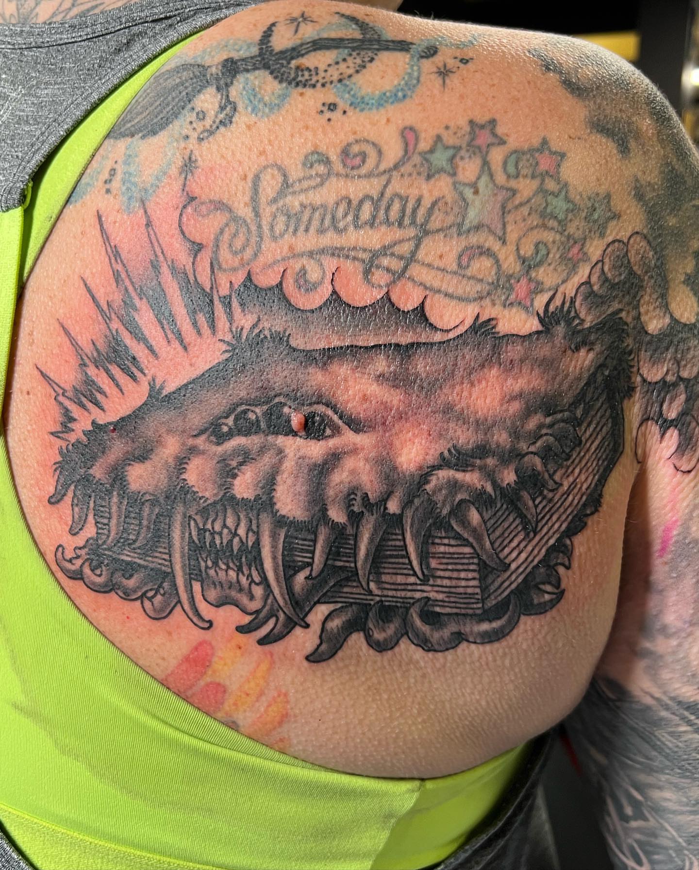 Shark realism tattoo on the back by Dustin Hysell