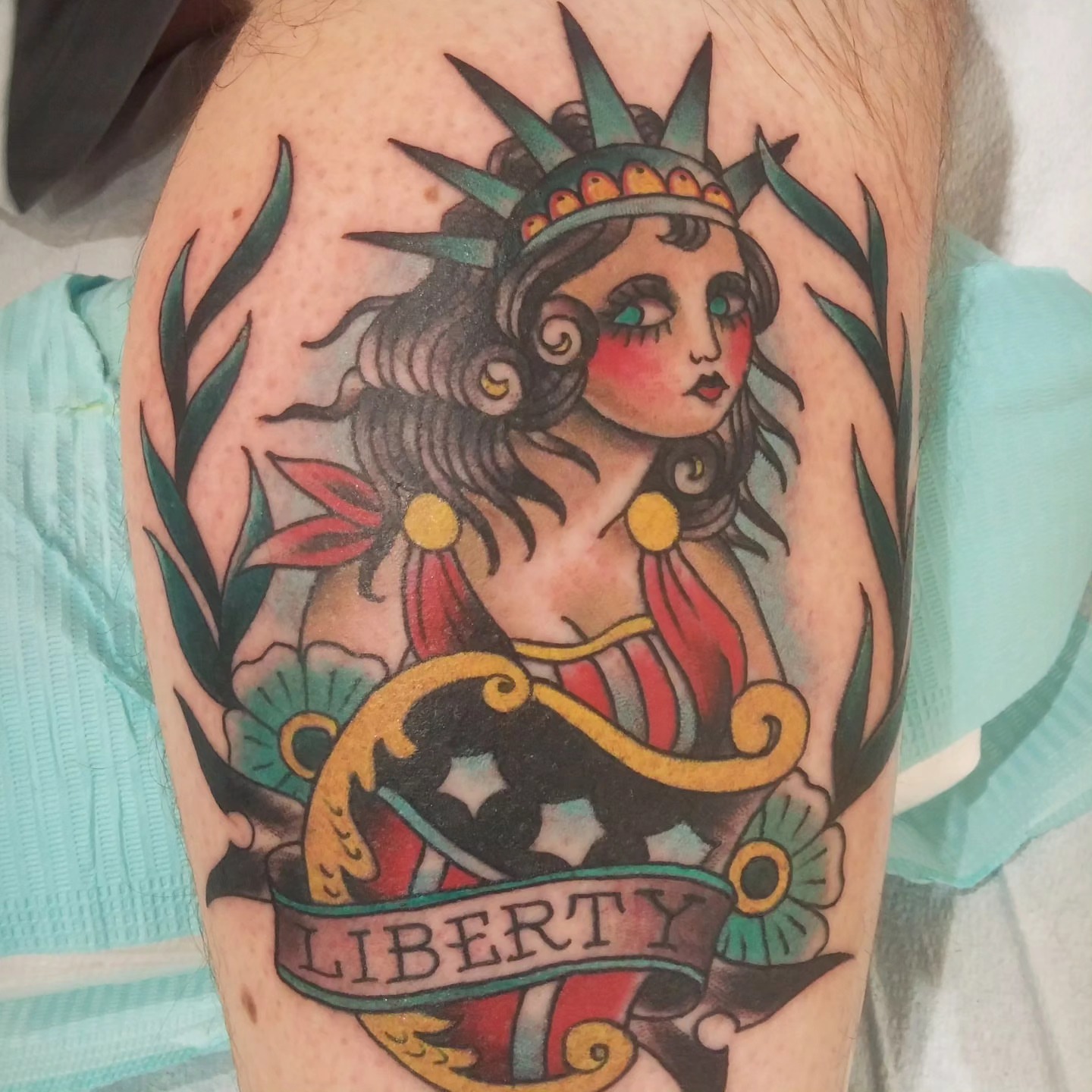 Statue of liberty American traditional tattoo on the forearm by Mark Harada, Hoboken, New Jersey