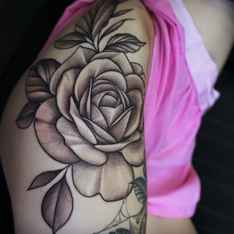 Rose dotwork tattoo on the shoulder by audi