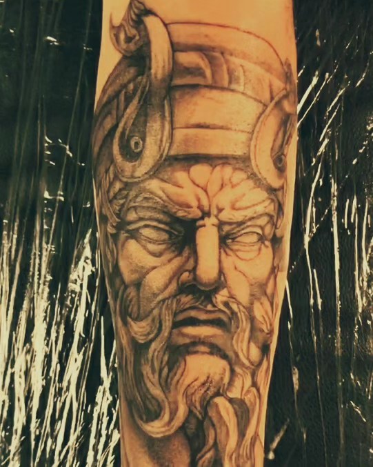 Ancient warrior realism tattoo on the forearm by Noriega Josué