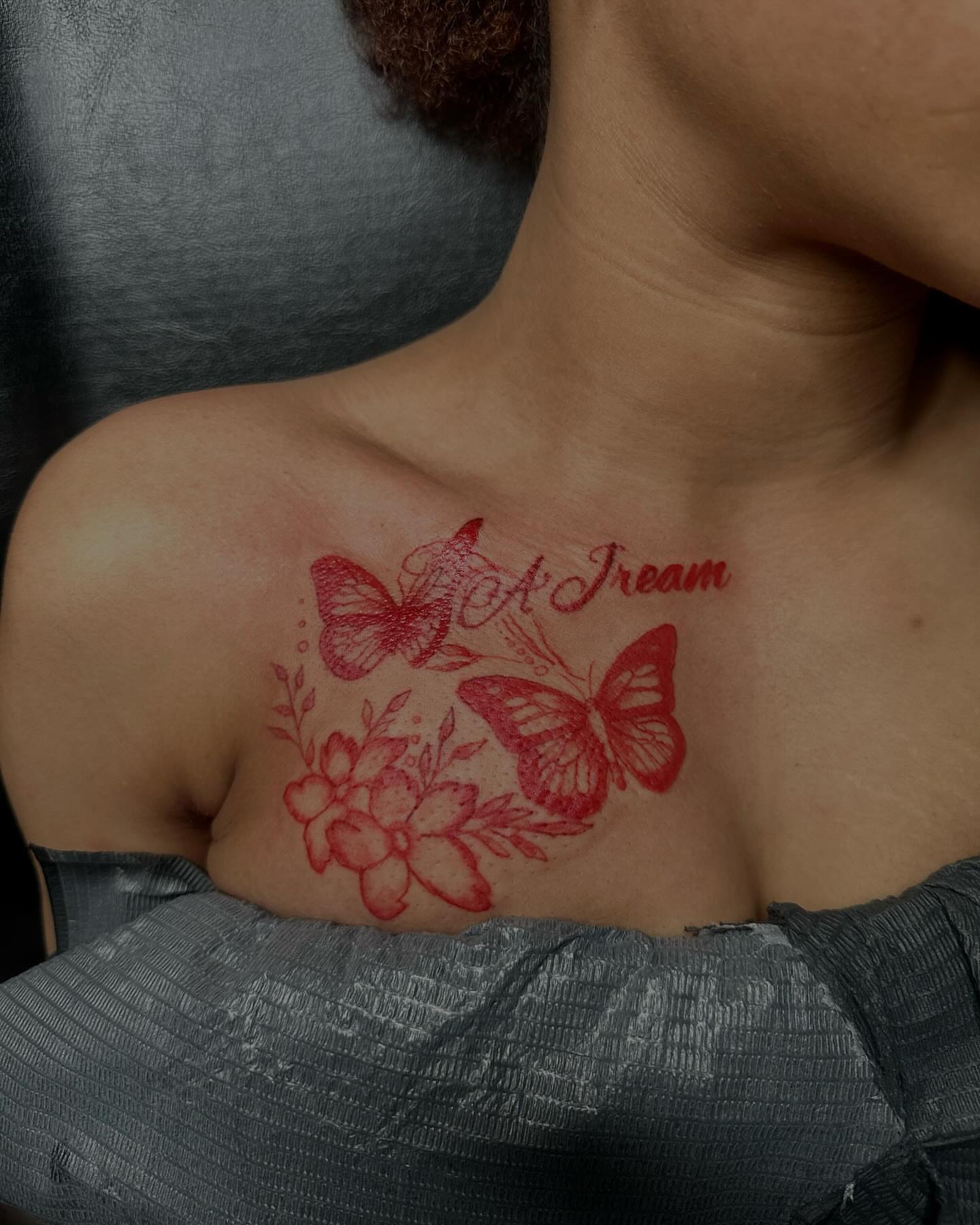 Butterflies and flowers dotwork tattoo on the shoulder by Bay Area Tattoo Artist ✍🏽