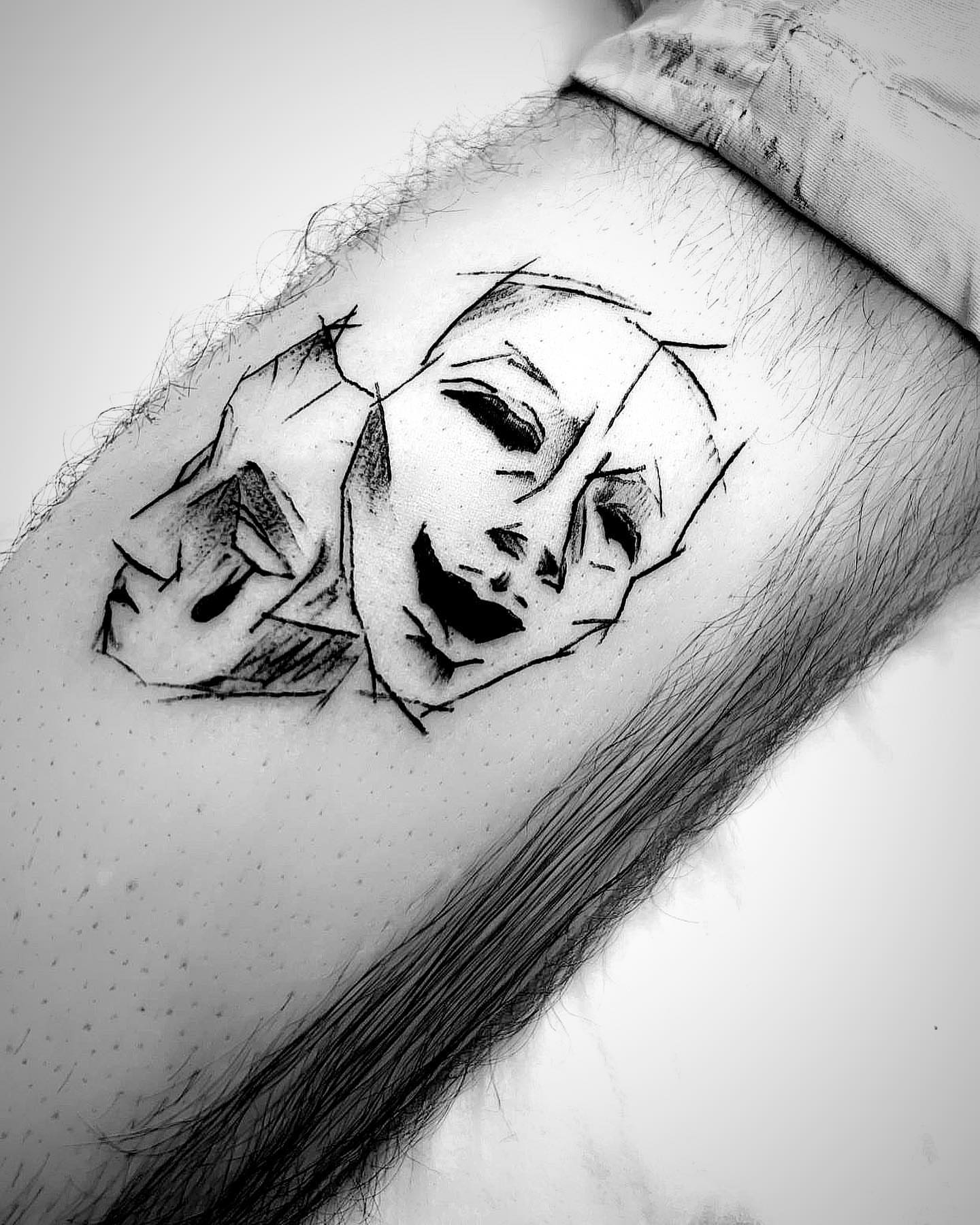 Abstract face geometric tattoo on the forearm by Bear