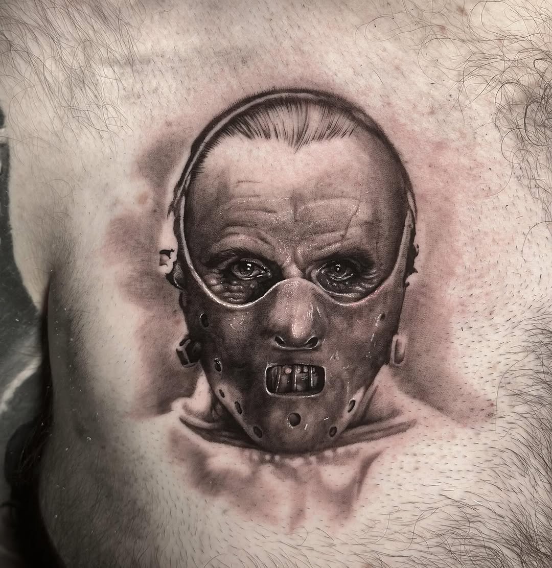 Hannibal Lecter portrait realism tattoo on the chest by πΈπππ πππ€