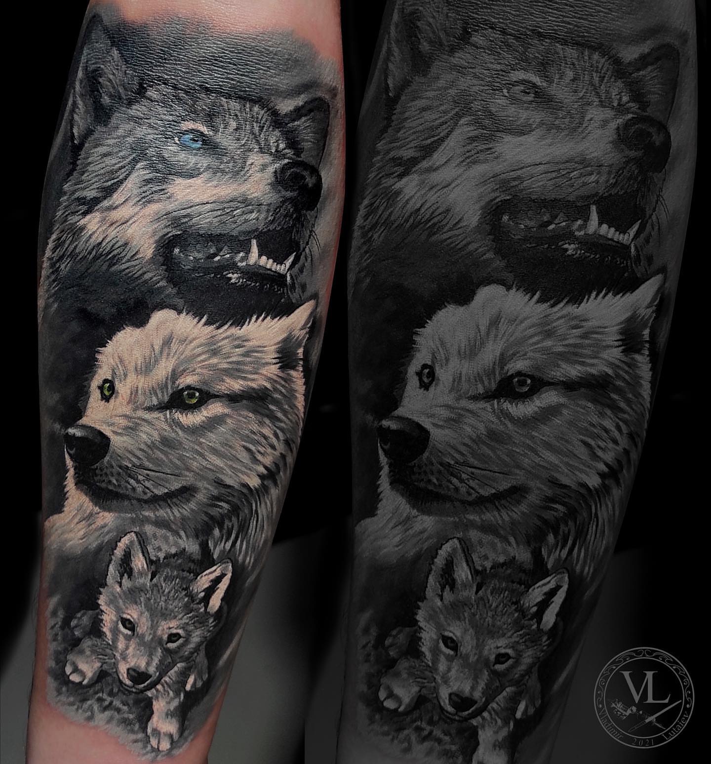 Wolves realism tattoo on the forearm by Vladimir Lutaev