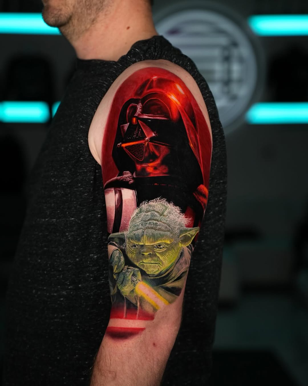 Darth Vader and Yoda new school tattoo on the forearm by B R A D C H A R L e S