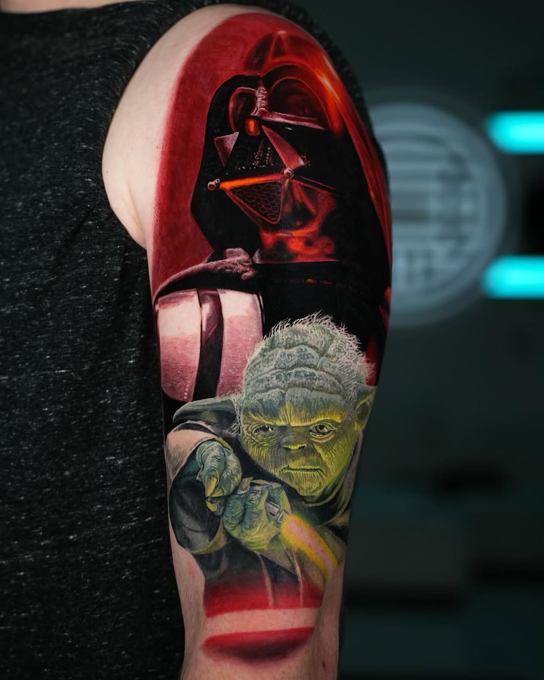 Darth Vader and Yoda new school tattoo on the forearm by B R A D C H A R L e S