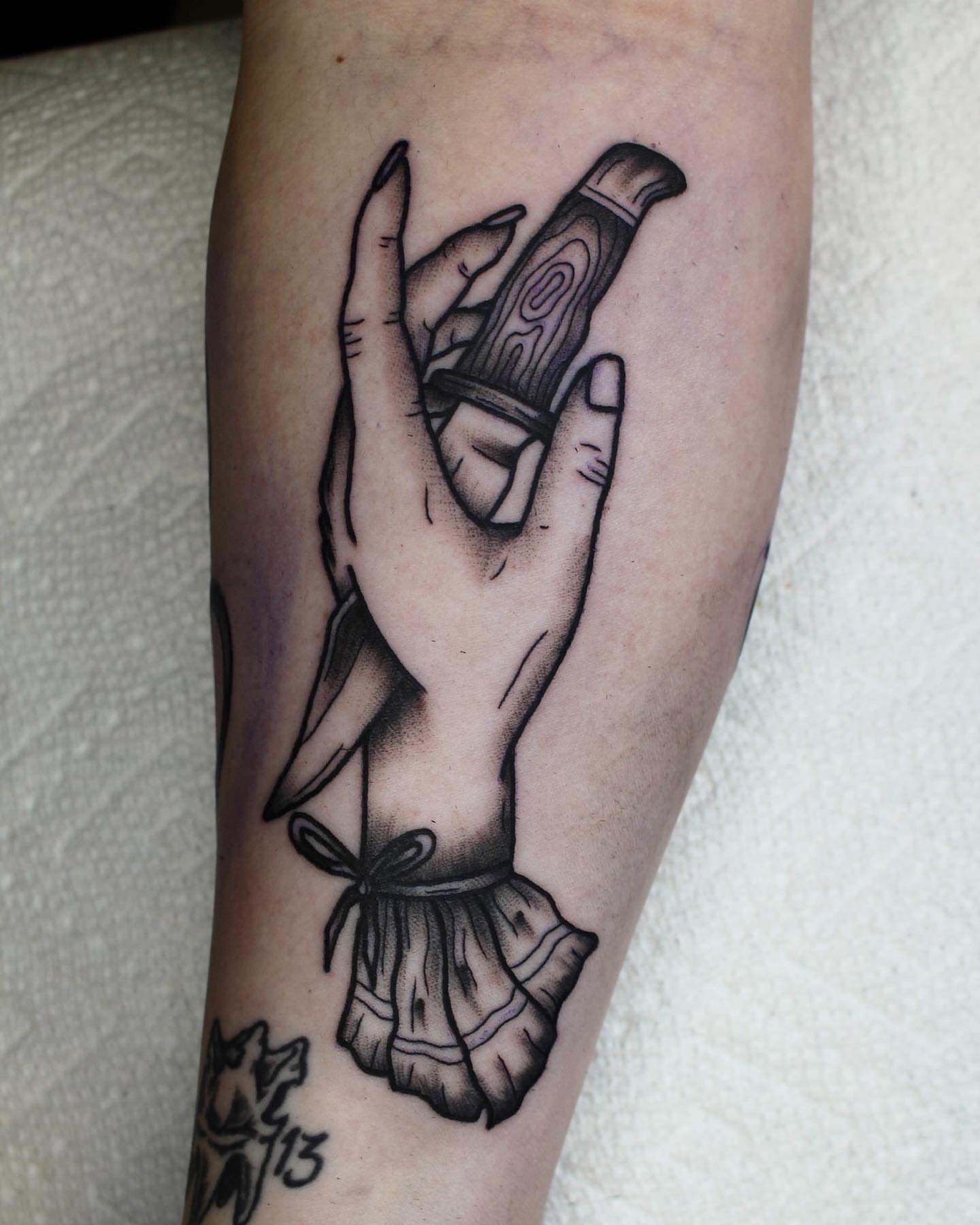 Hands holding knife black and grey tattoo on the forearm by savannah ★ ( previously feralratbabe )