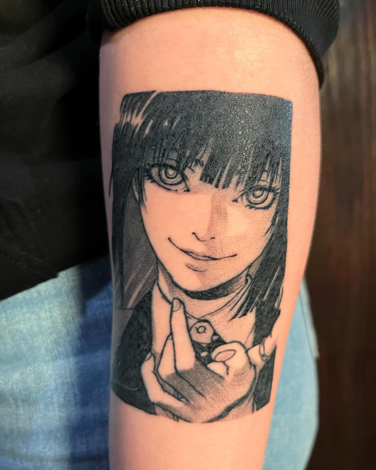 Anime character dotwork tattoo on the forearm by "el asere, el zurdo"