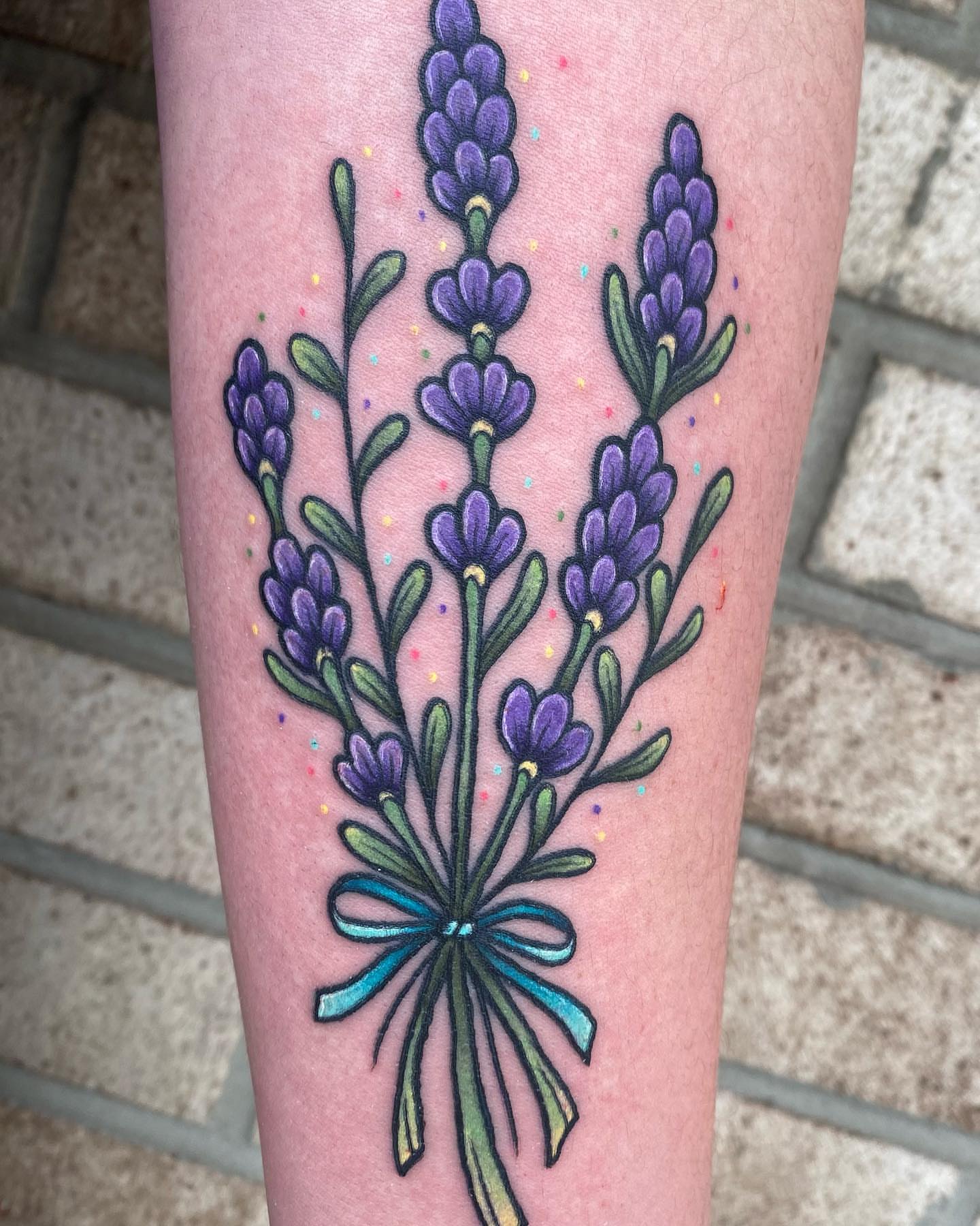 Lavender bouquet dotwork tattoo on the forearm by Savanna Starr Mortensen