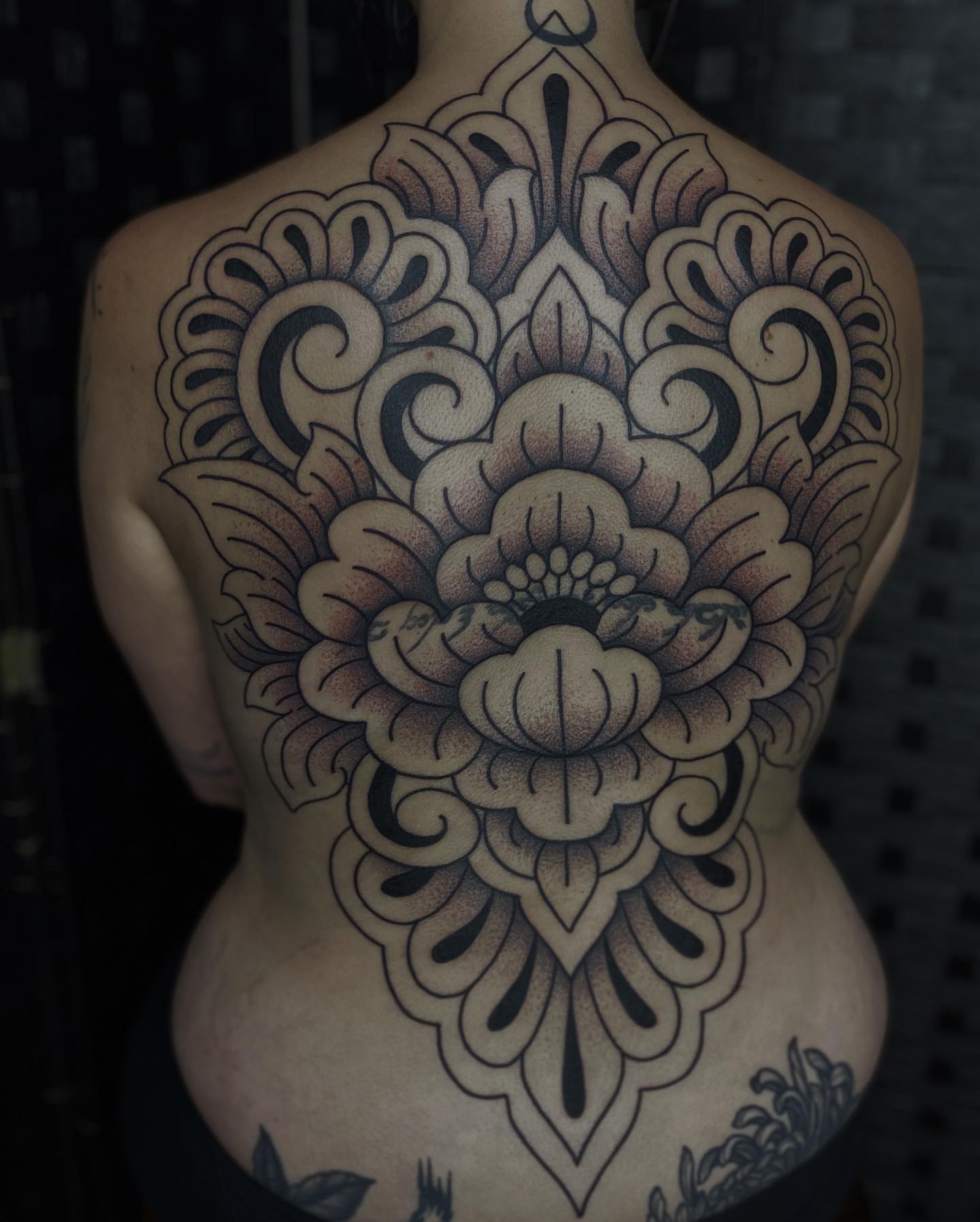 Floral mandala dotwork tattoo on the back by Veronica