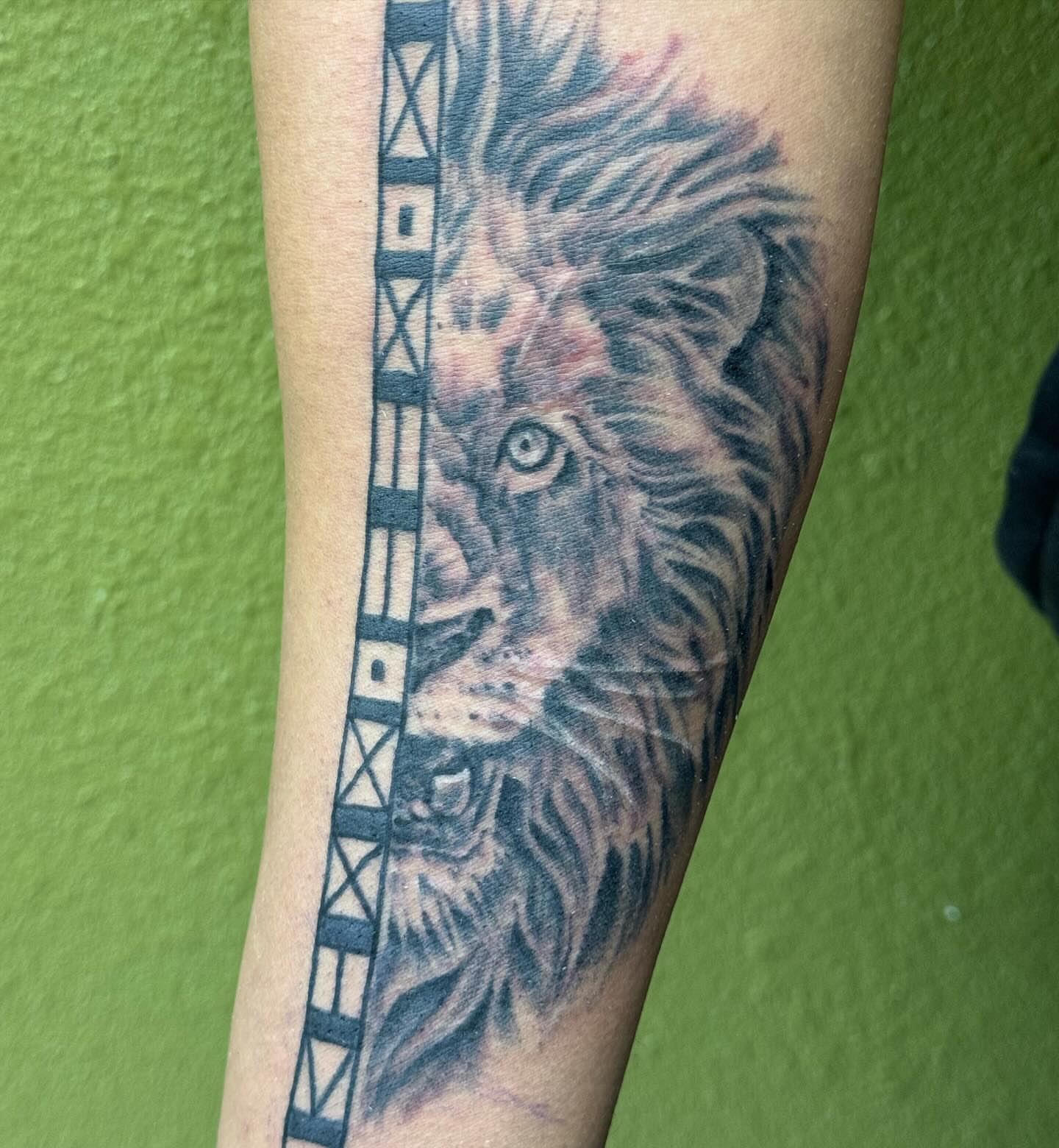Lion realism tattoo on the forearm by Chris Allen Taylor