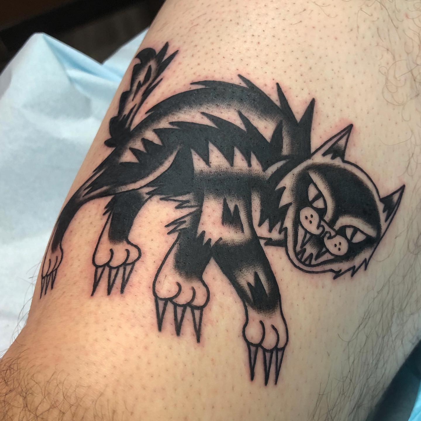 Cat American traditional tattoo on the forearm by brenden